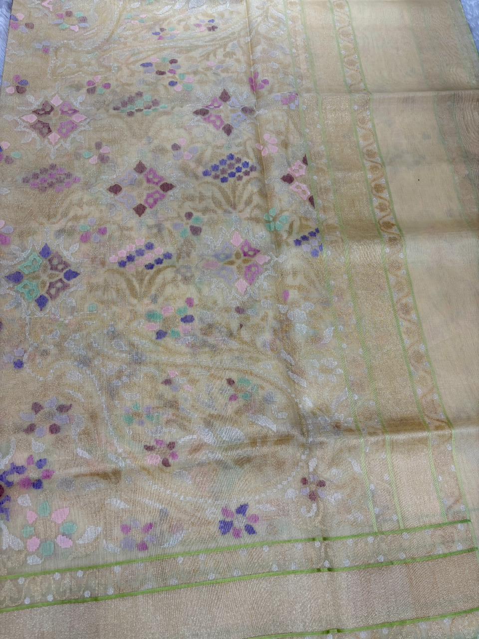 Subtle Elegance: Pastel Beige Banarasi Tissue Silk Saree with Sona Rupa Floral Jaal & Meenakari