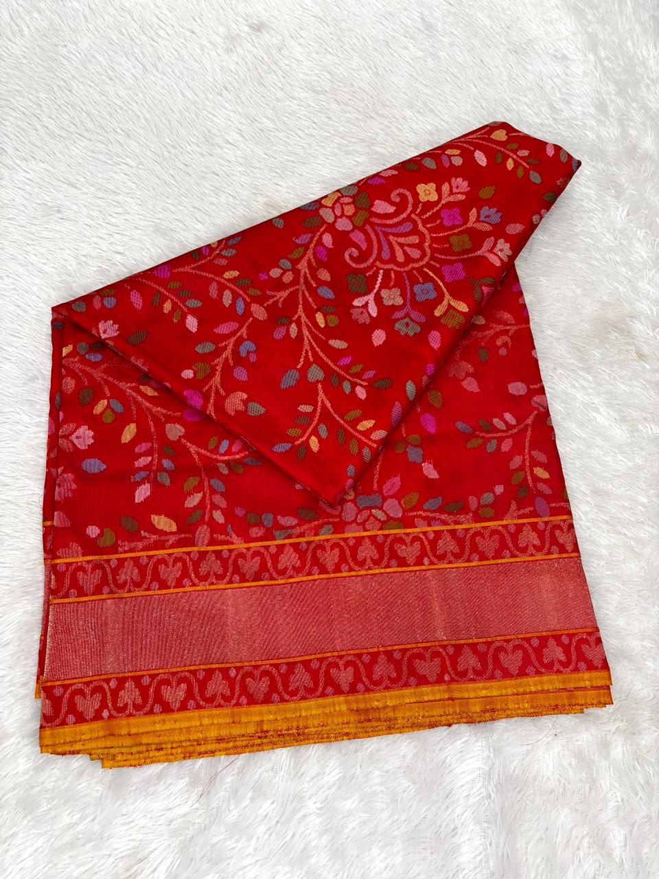 Bridal Crimson Red Pure Katan Silk Banarasi Saree with Sona Rupa Jaal & Meenakari