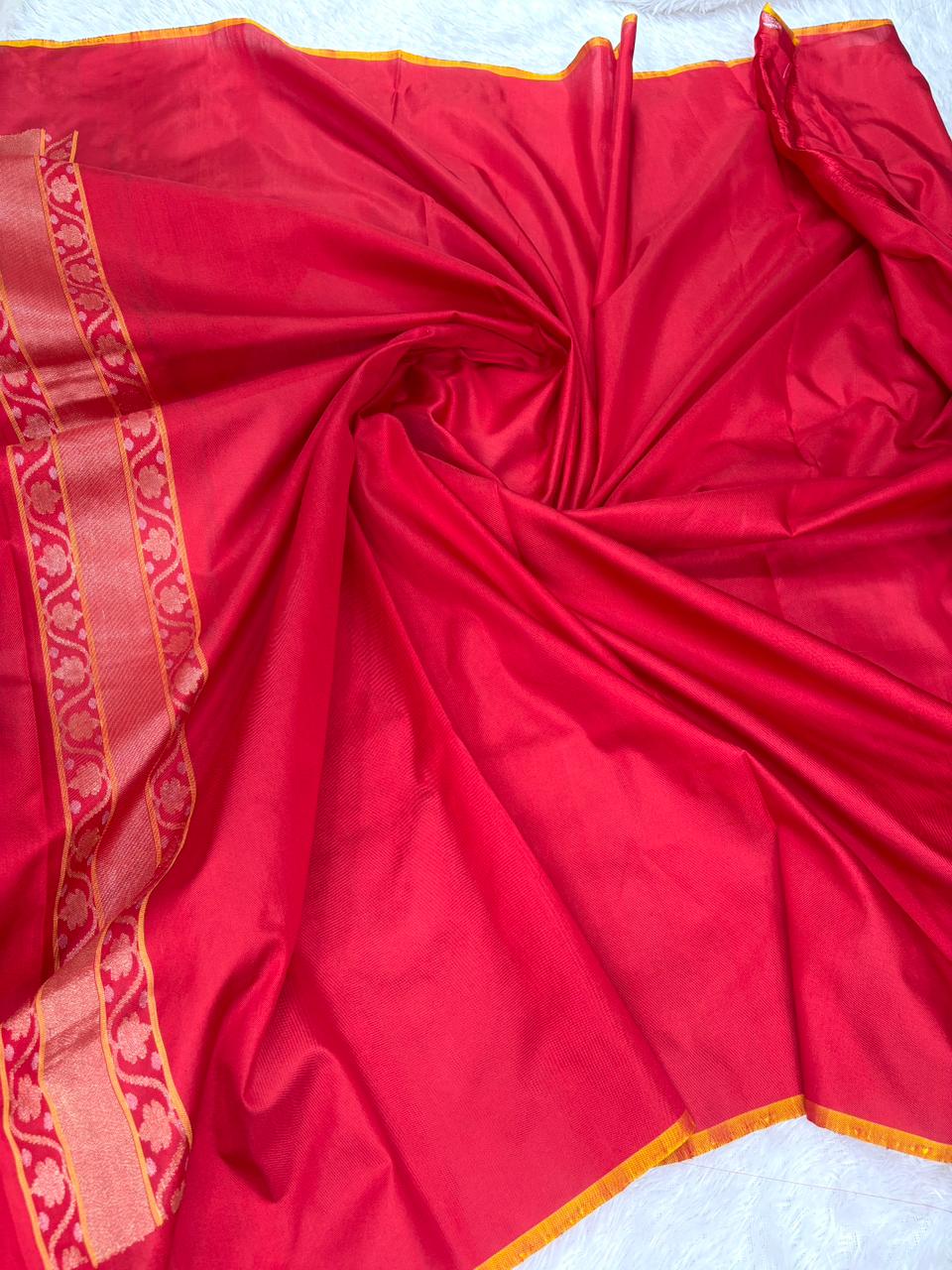Bridal Crimson Red Pure Katan Silk Banarasi Saree with Sona Rupa Jaal & Meenakari
