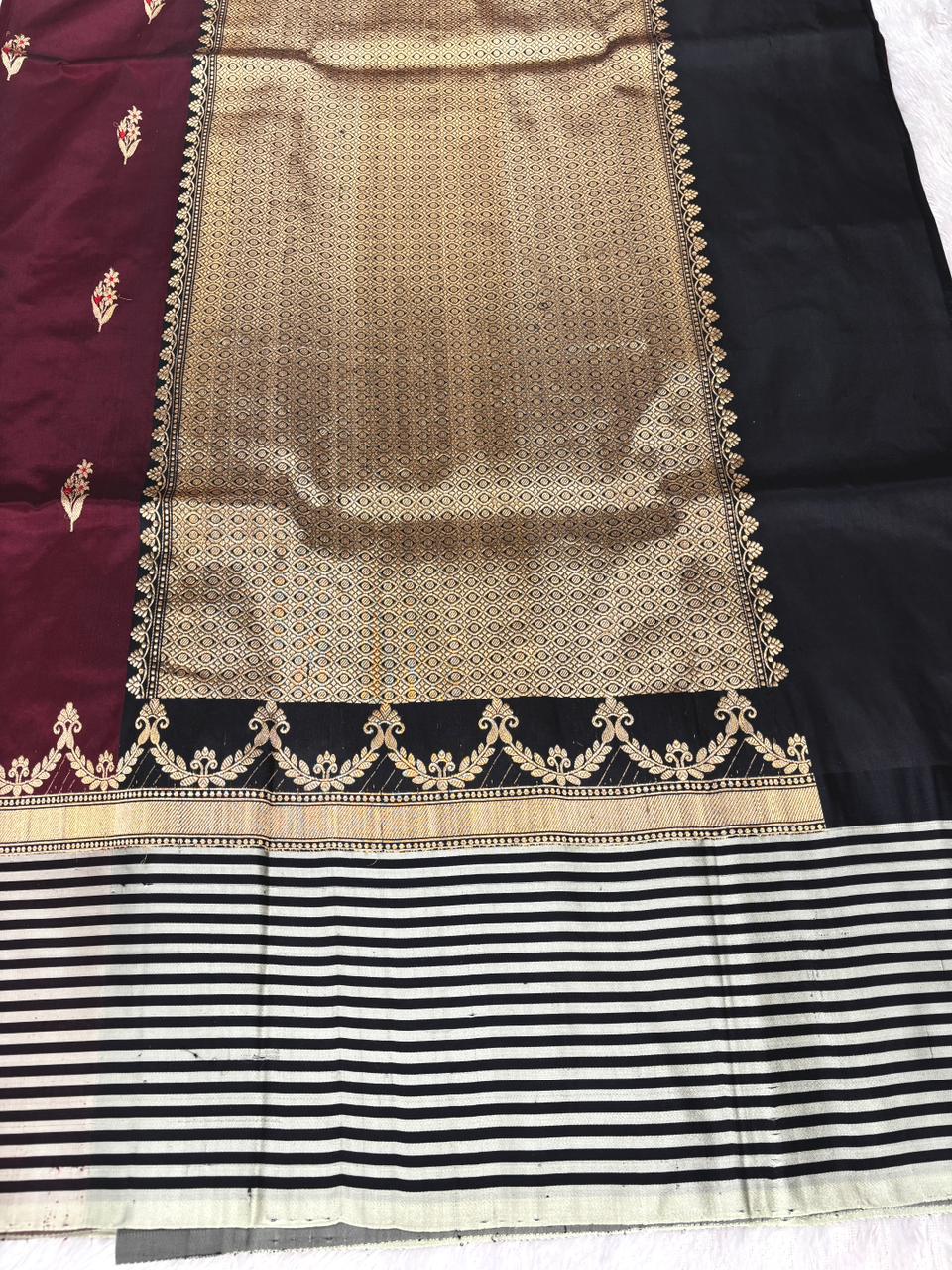 Royal Wine Katan Boota Kadhua Designer Handloom Saree  Deep Wine Maroon with Black, Ivory & Antique Gold Accents