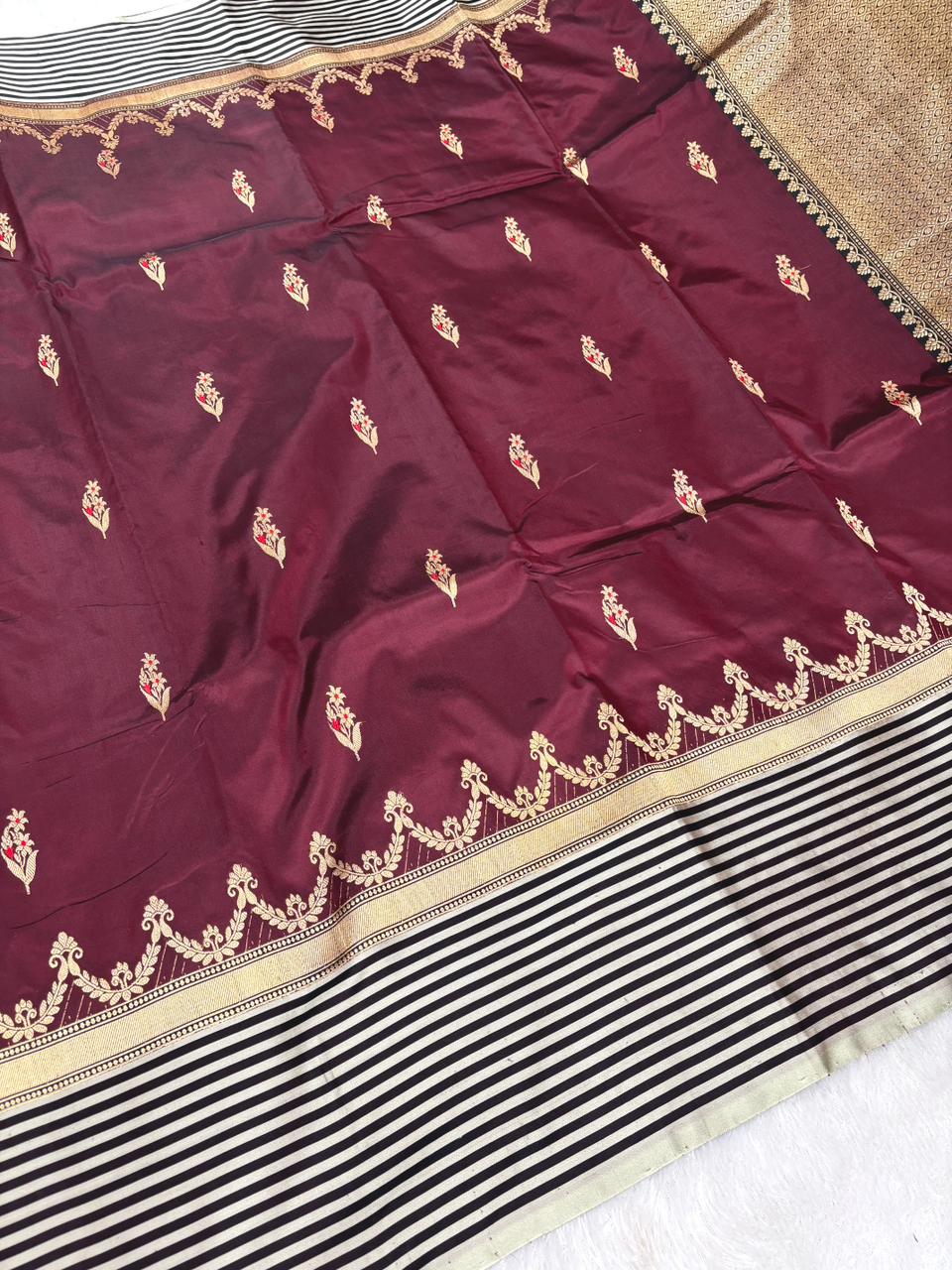 Royal Wine Katan Boota Kadhua Designer Handloom Saree  Deep Wine Maroon with Black, Ivory & Antique Gold Accents