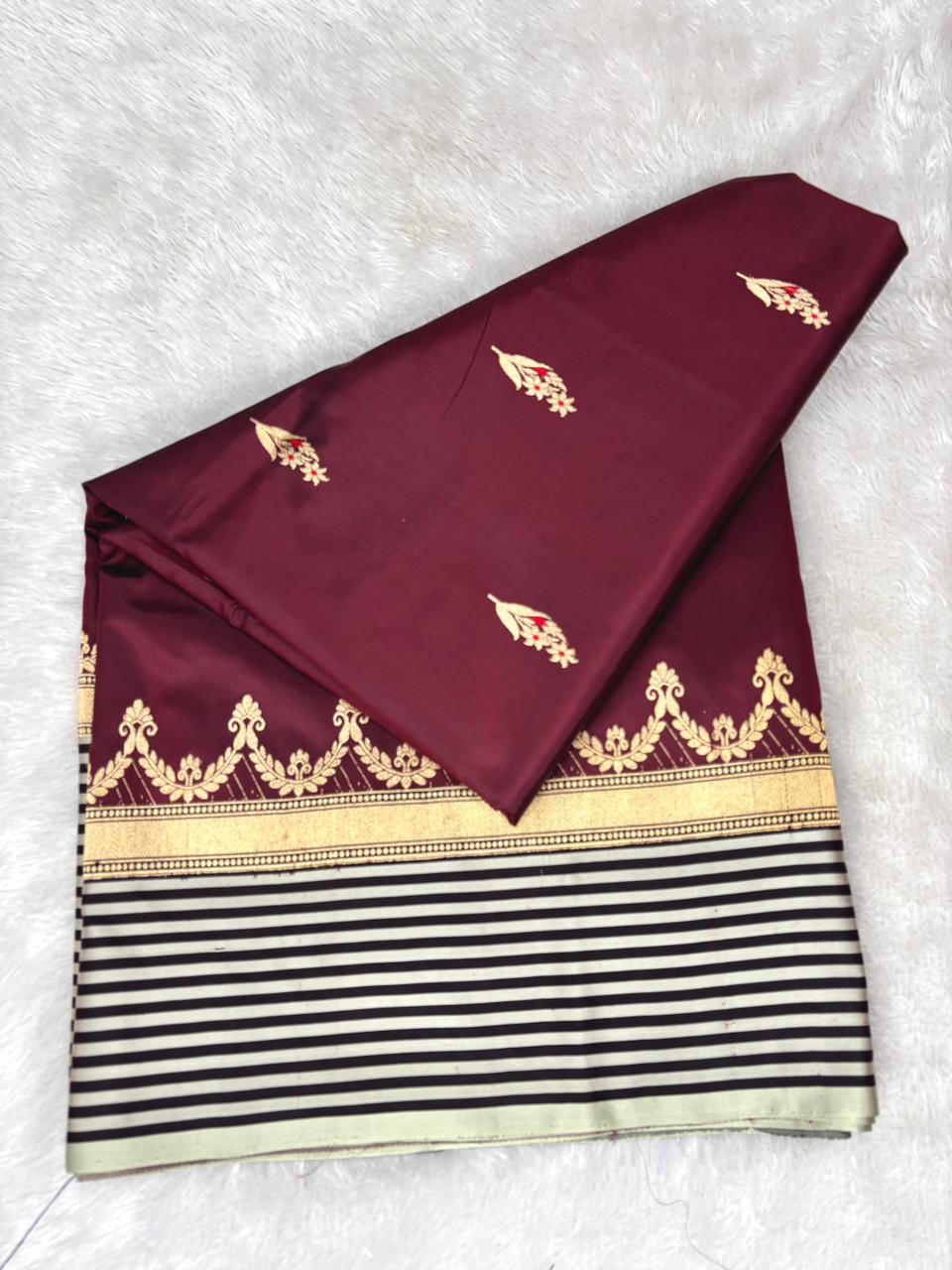 Royal Wine Katan Boota Kadhua Designer Handloom Saree  Deep Wine Maroon with Black, Ivory & Antique Gold Accents