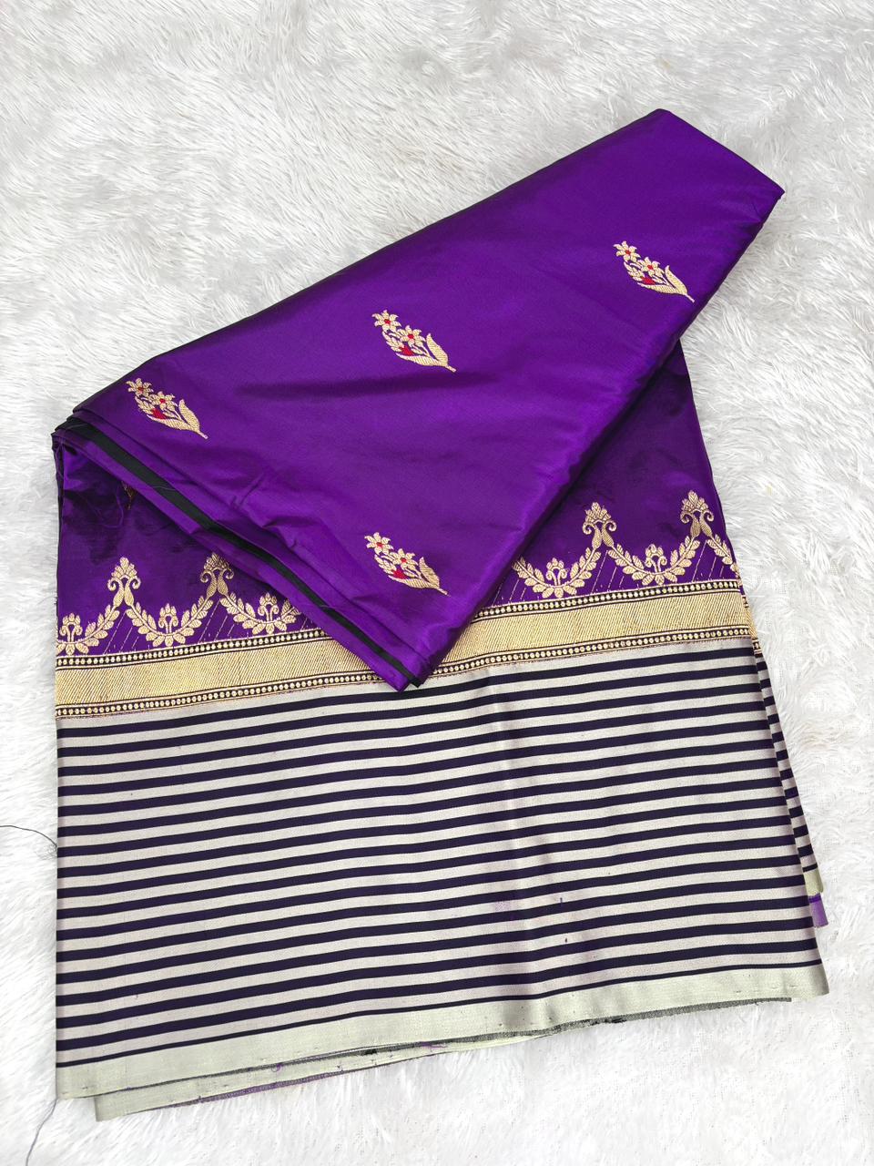 Royal Amethyst Katan Boota Kadhua Designer Handloom Saree   Deep Royal Purple with Black, Ivory & Antique Gold Accents