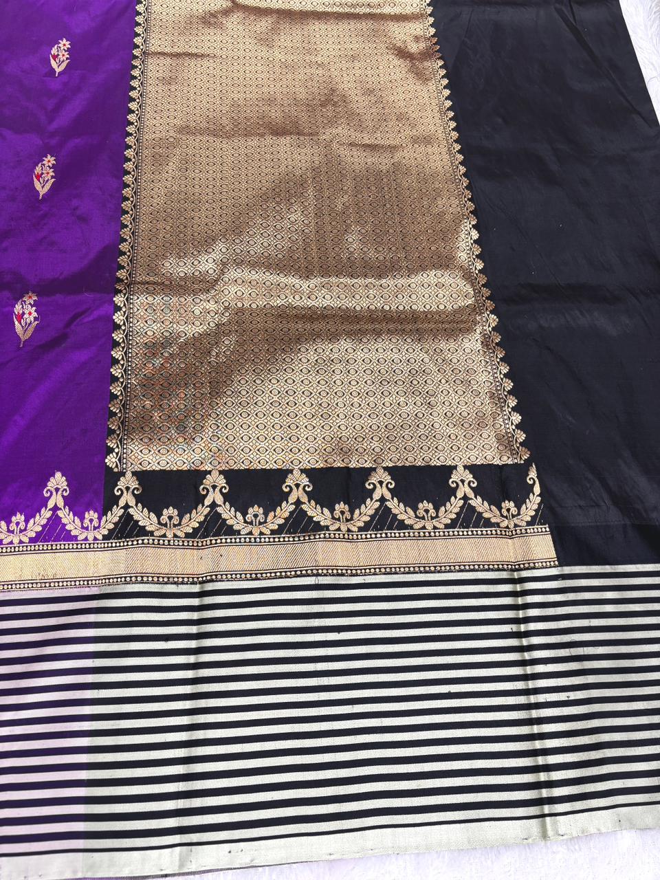 Royal Amethyst Katan Boota Kadhua Designer Handloom Saree   Deep Royal Purple with Black, Ivory & Antique Gold Accents