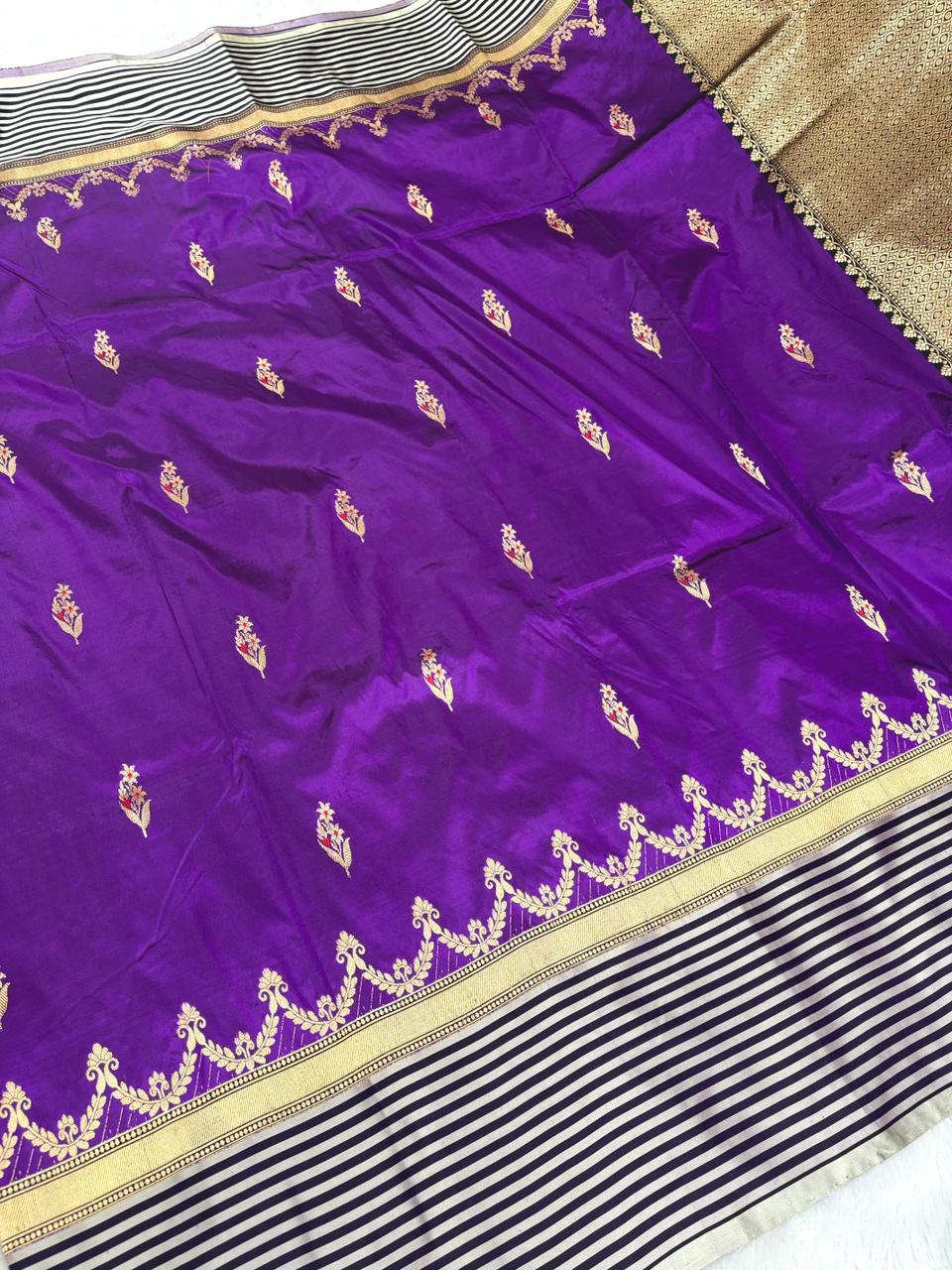 Royal Amethyst Katan Boota Kadhua Designer Handloom Saree   Deep Royal Purple with Black, Ivory & Antique Gold Accents