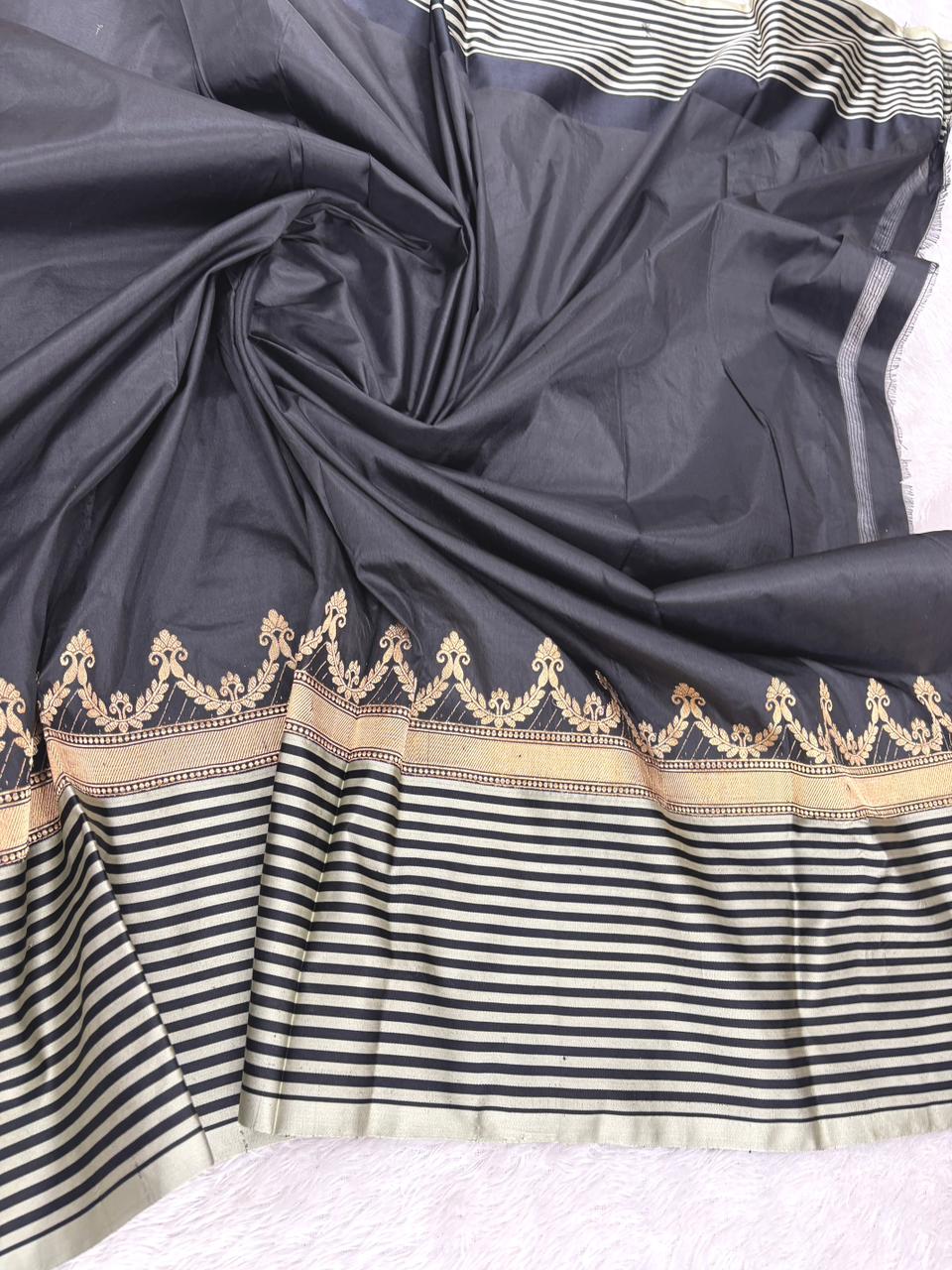 Royal Amethyst Katan Boota Kadhua Designer Handloom Saree   Deep Royal Purple with Black, Ivory & Antique Gold Accents