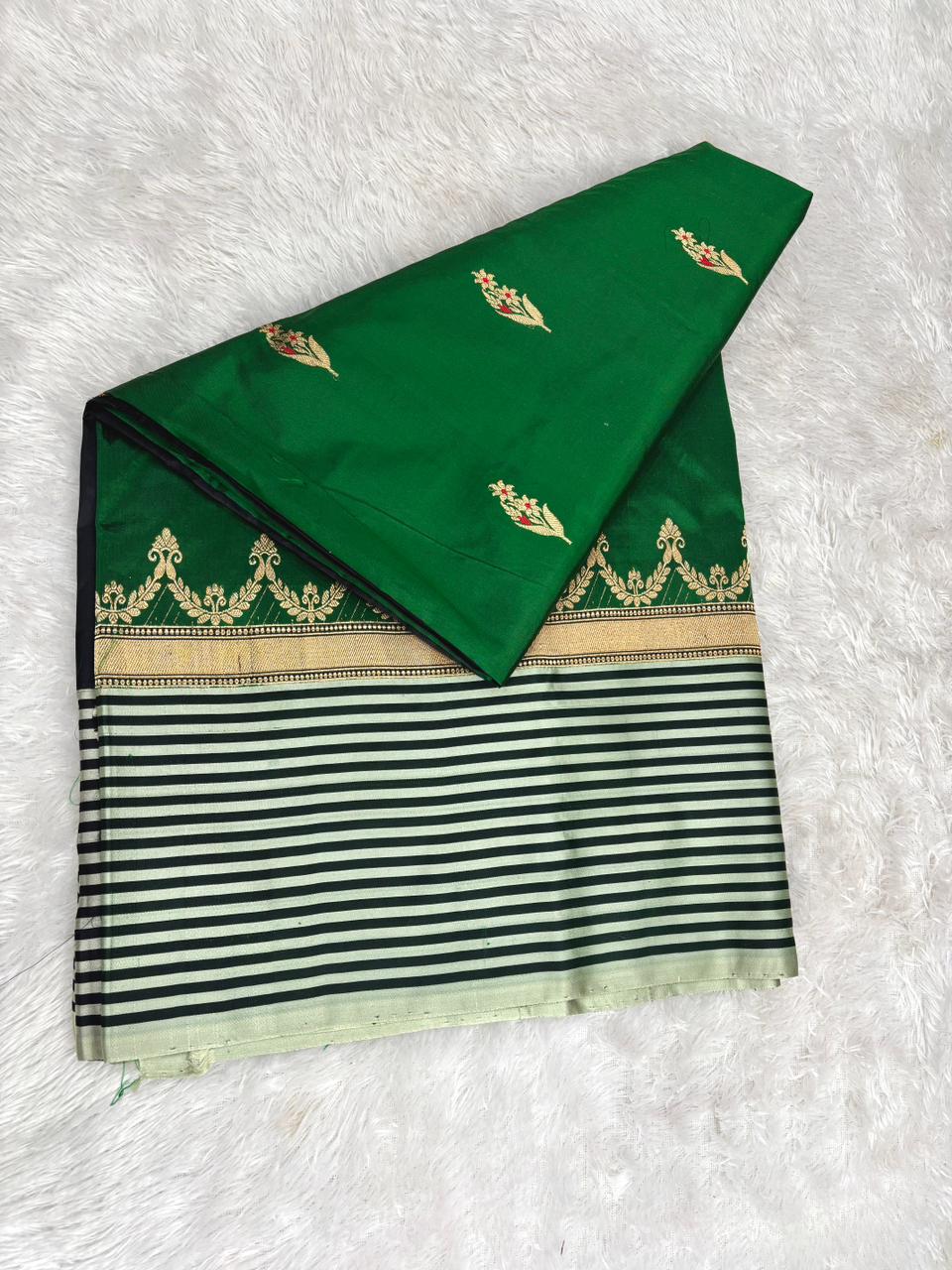Emerald Royale Katan Boota Kadhua Designer Handloom Saree  Color  Deep Emerald Green with Black & Antique Gold Highlights