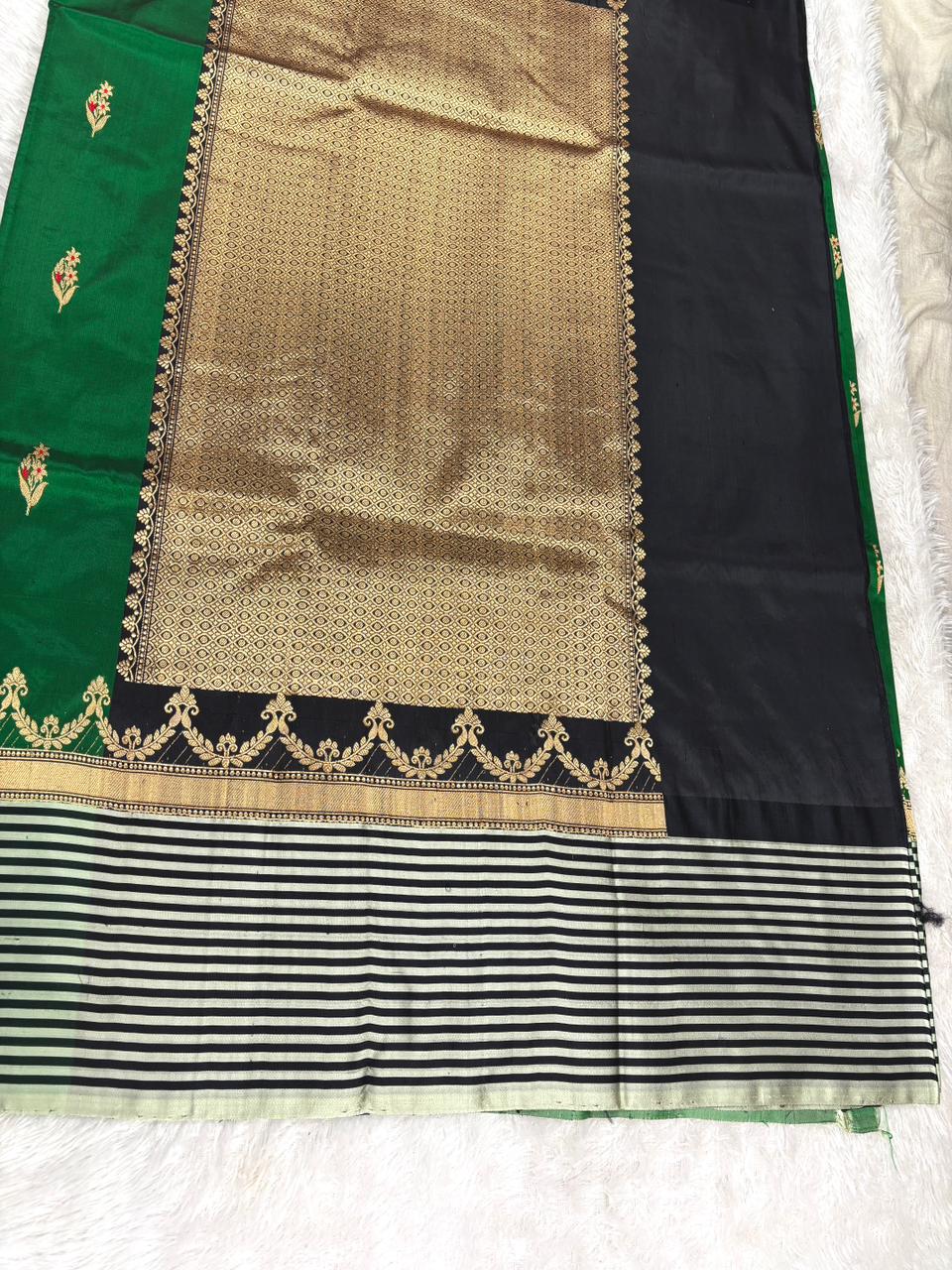 Emerald Royale Katan Boota Kadhua Designer Handloom Saree  Color  Deep Emerald Green with Black & Antique Gold Highlights