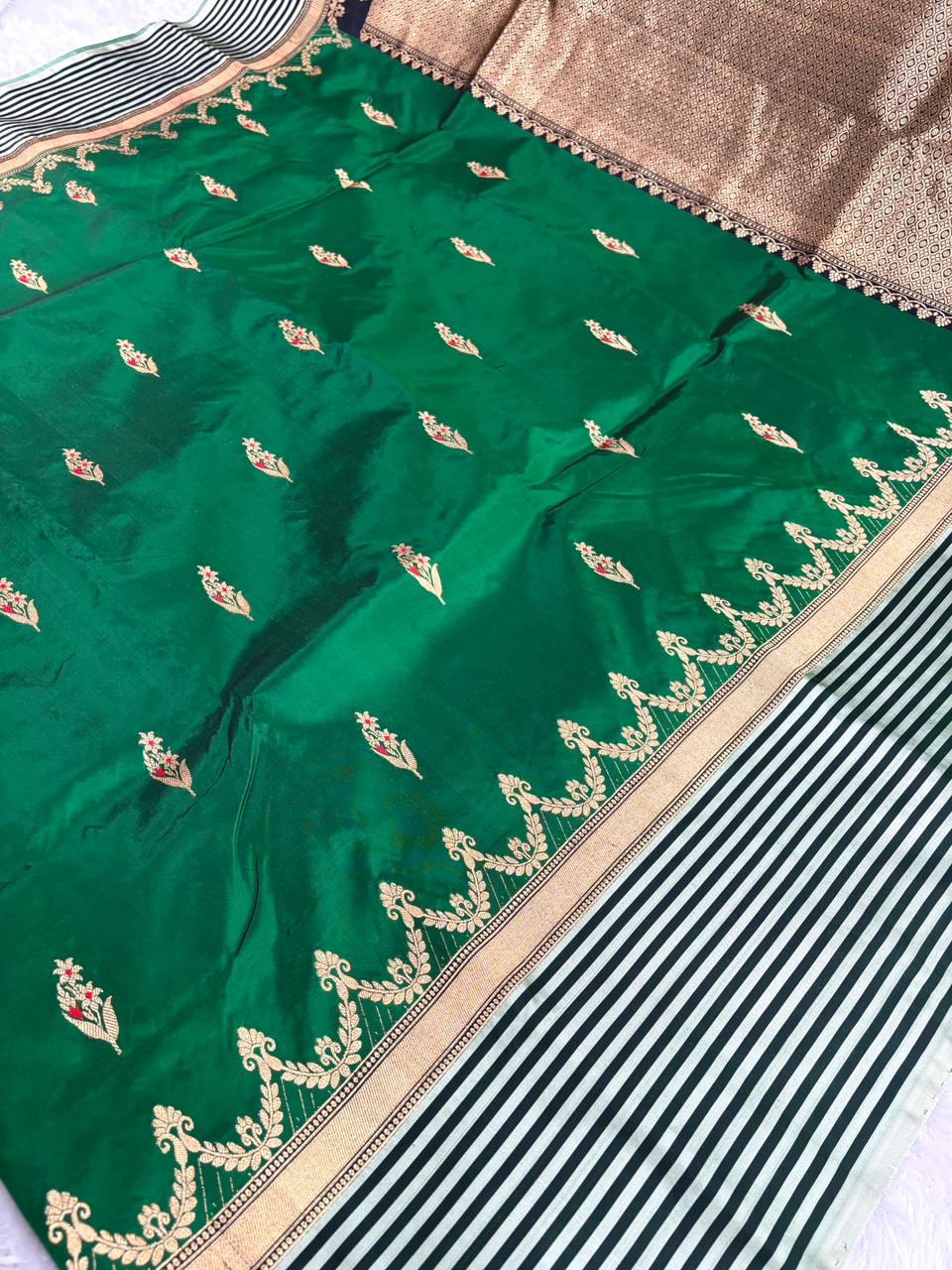 Emerald Royale Katan Boota Kadhua Designer Handloom Saree  Color  Deep Emerald Green with Black & Antique Gold Highlights
