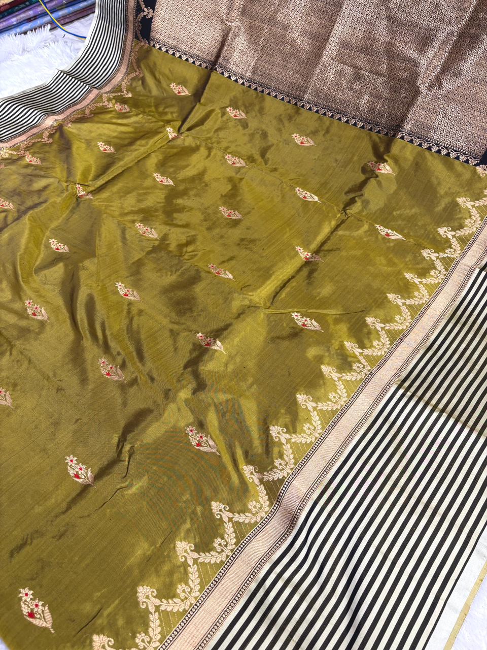 Olive Noir Katan Boota Kadhua Designer Handloom Saree    Olive Green with Black & Antique Gold Accents