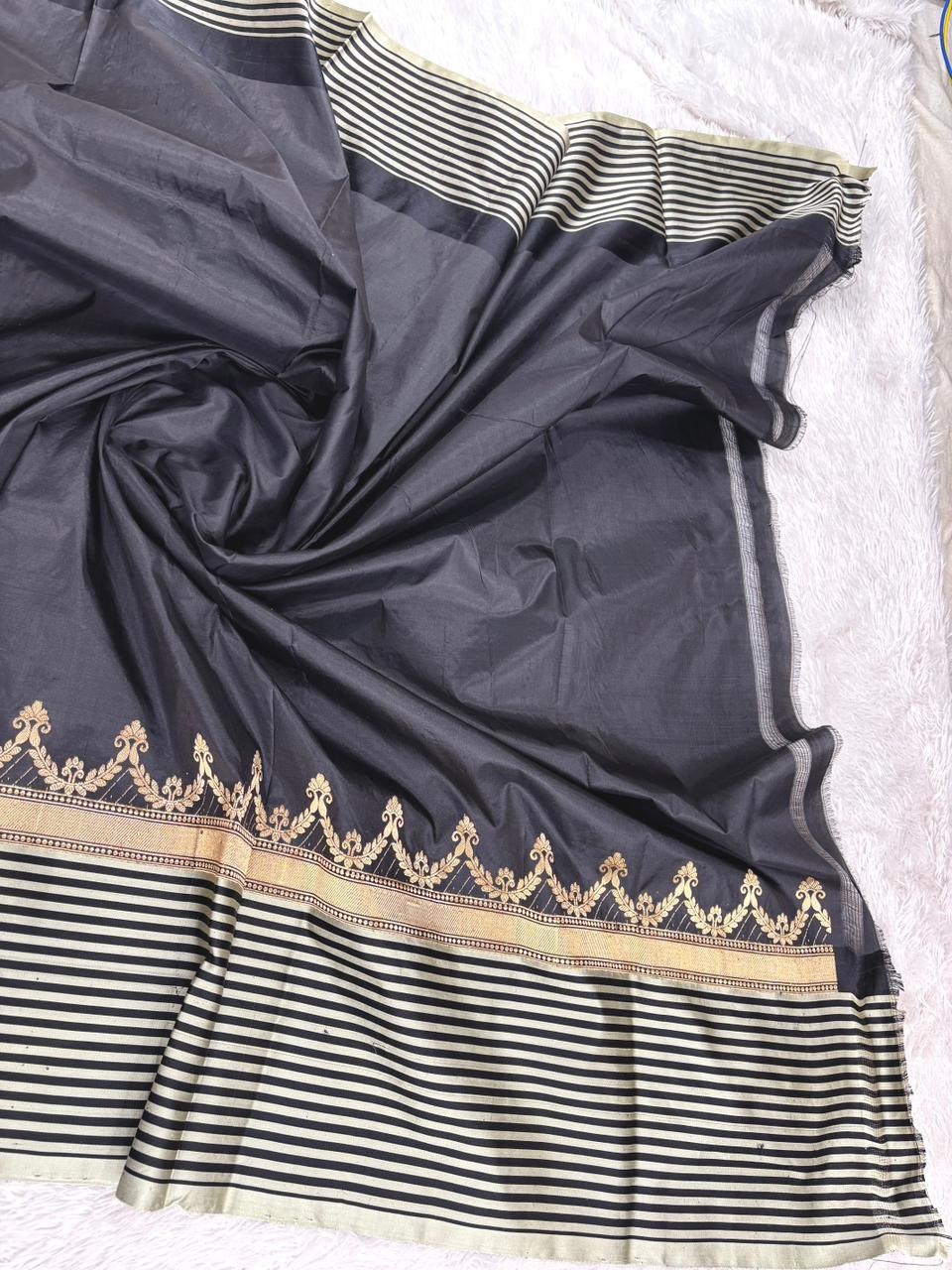 Olive Noir Katan Boota Kadhua Designer Handloom Saree    Olive Green with Black & Antique Gold Accents