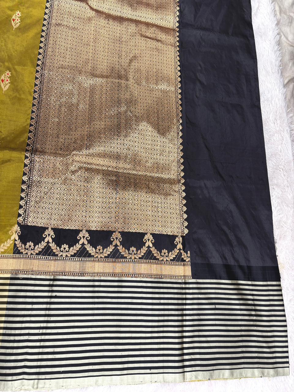Olive Noir Katan Boota Kadhua Designer Handloom Saree    Olive Green with Black & Antique Gold Accents
