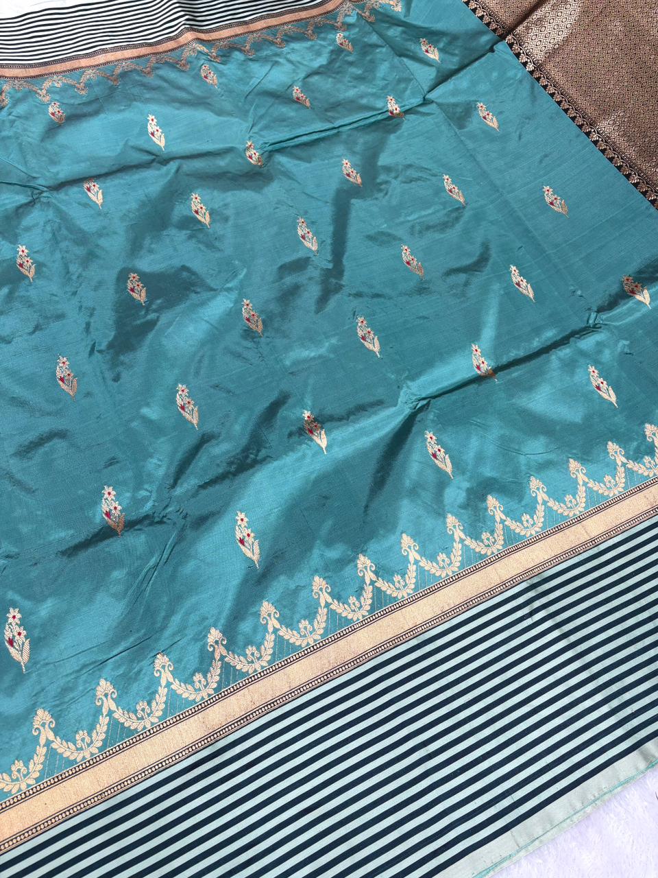 Emerald Teal Katan Boota Kadhua Designer Saree with Contrast Striped Border