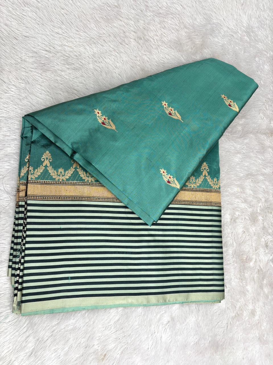 Emerald Teal Katan Boota Kadhua Designer Saree with Contrast Striped Border