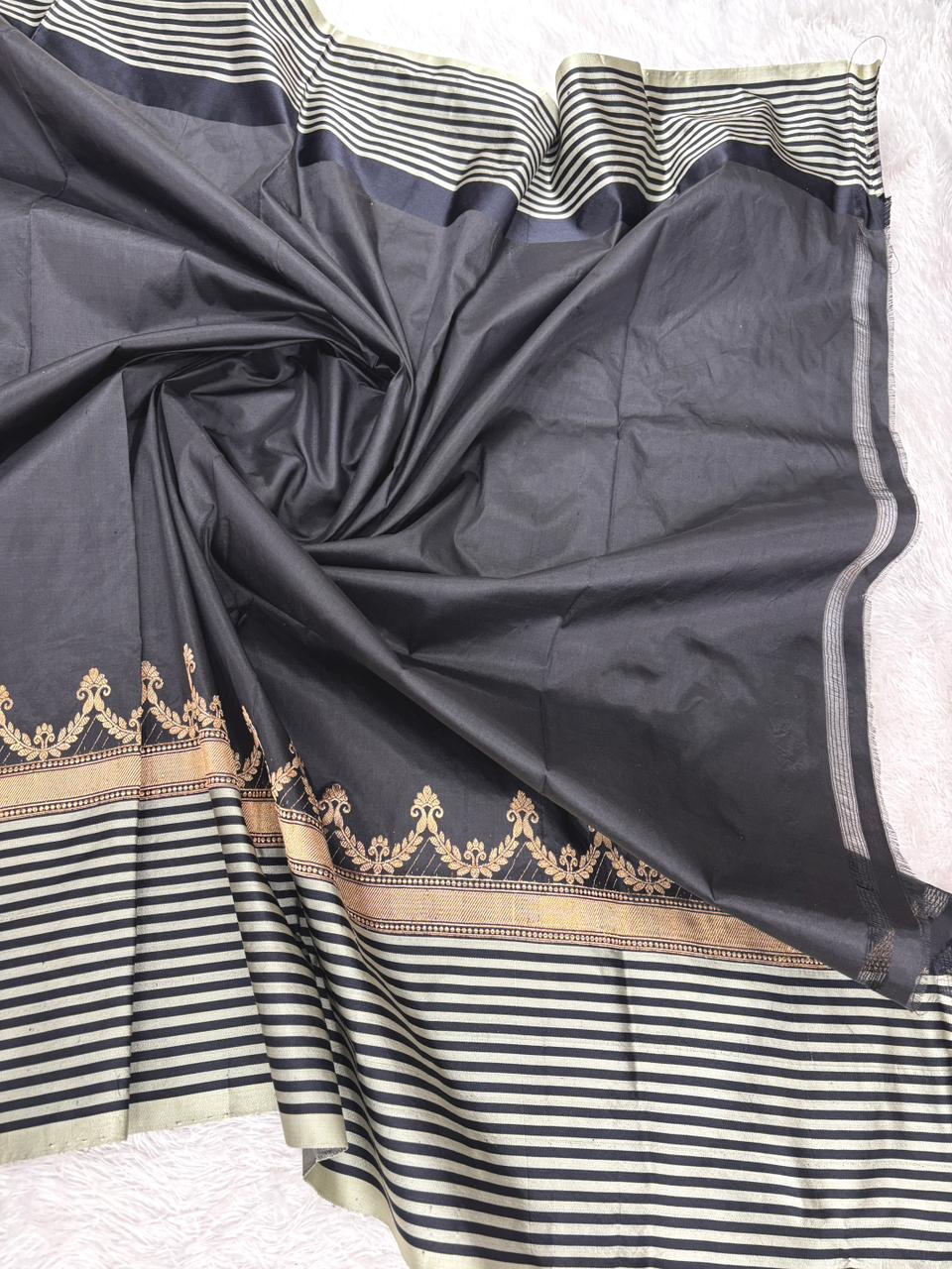 Emerald Teal Katan Boota Kadhua Designer Saree with Contrast Striped Border