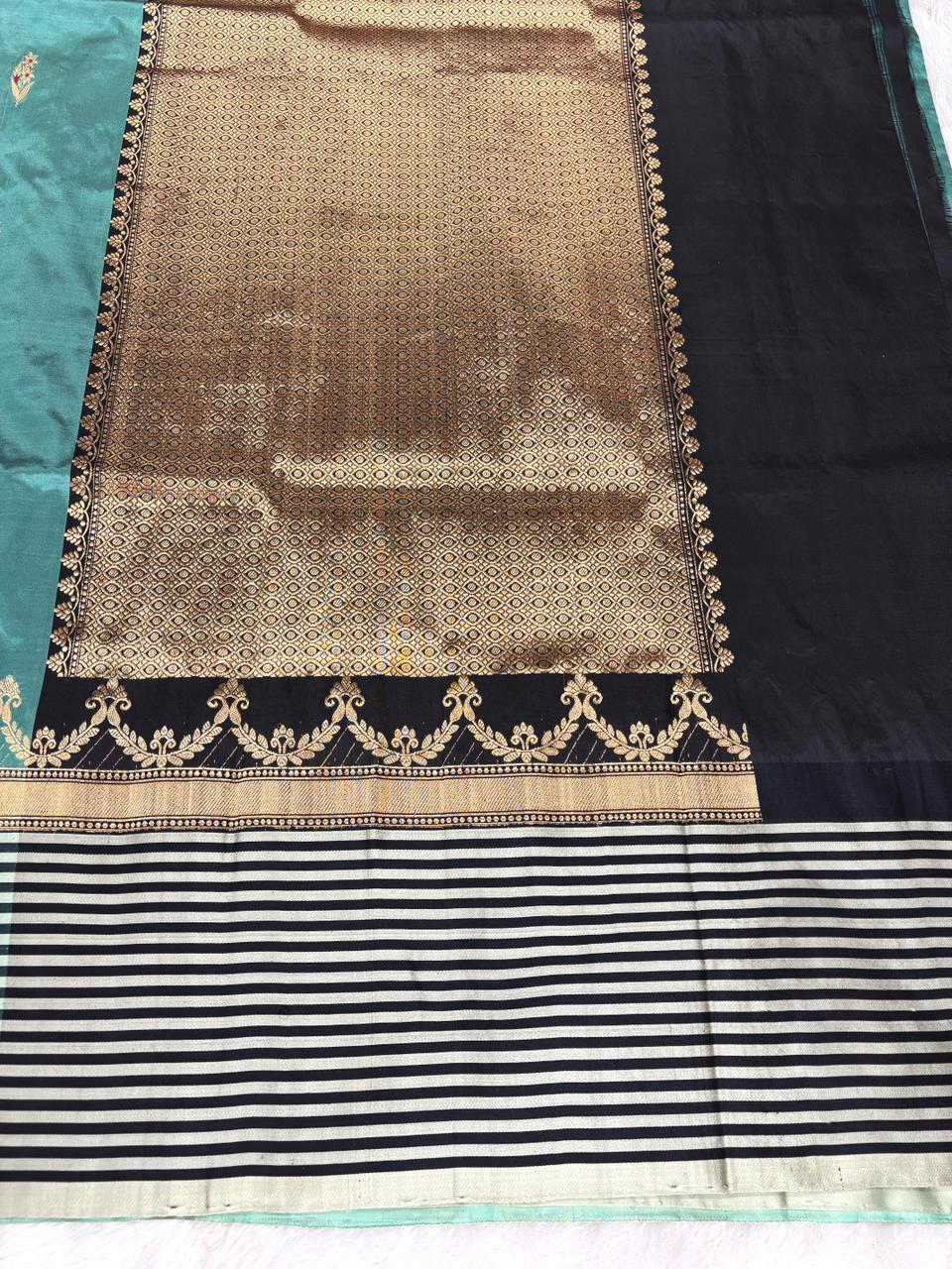 Emerald Teal Katan Boota Kadhua Designer Saree with Contrast Striped Border