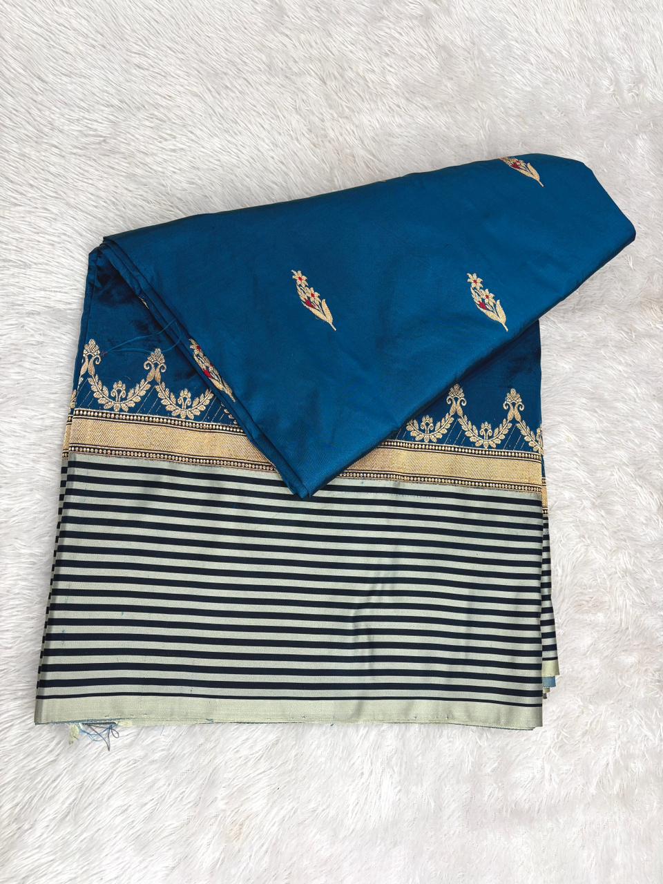 Royal Sapphire Katan Boota Kadhua Designer Handloom Saree  Deep Royal Blue with Antique Gold Zari & Ivory Stripes