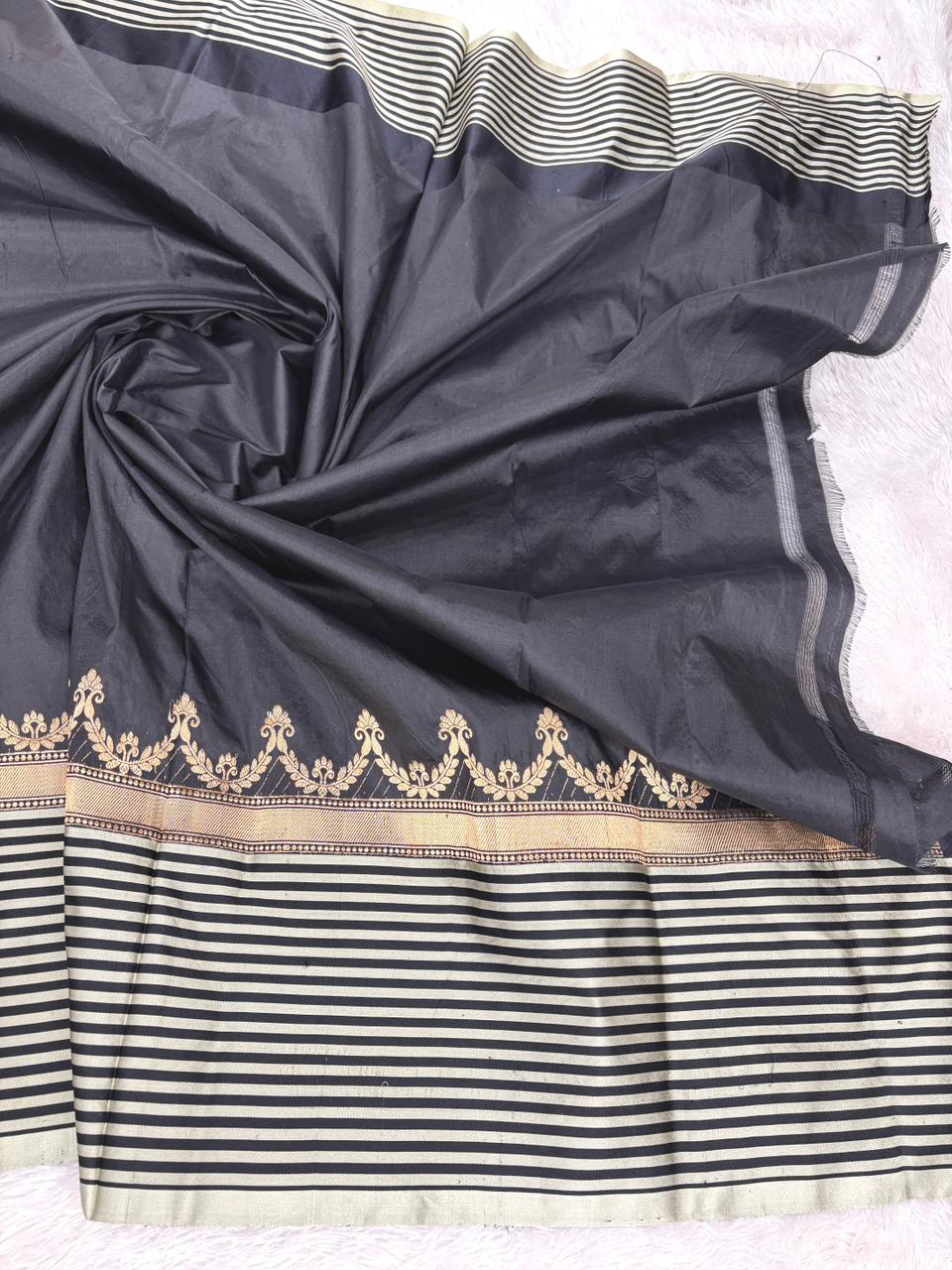 Royal Sapphire Katan Boota Kadhua Designer Handloom Saree  Deep Royal Blue with Antique Gold Zari & Ivory Stripes