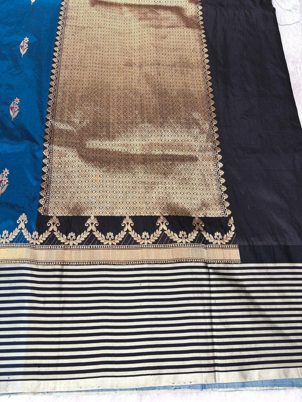 Royal Sapphire Katan Boota Kadhua Designer Handloom Saree  Deep Royal Blue with Antique Gold Zari & Ivory Stripes
