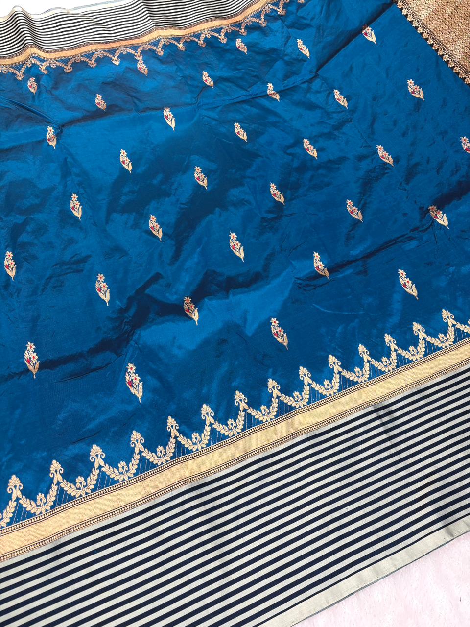 Royal Sapphire Katan Boota Kadhua Designer Handloom Saree  Deep Royal Blue with Antique Gold Zari & Ivory Stripes