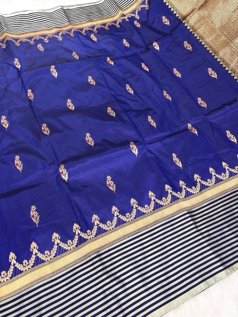 Royal Indigo Katan Boota Kadhua Designer Saree  Color  Deep Royal Blue with Charcoal Black & Ivory Striped Border and Antique Gold Zari
