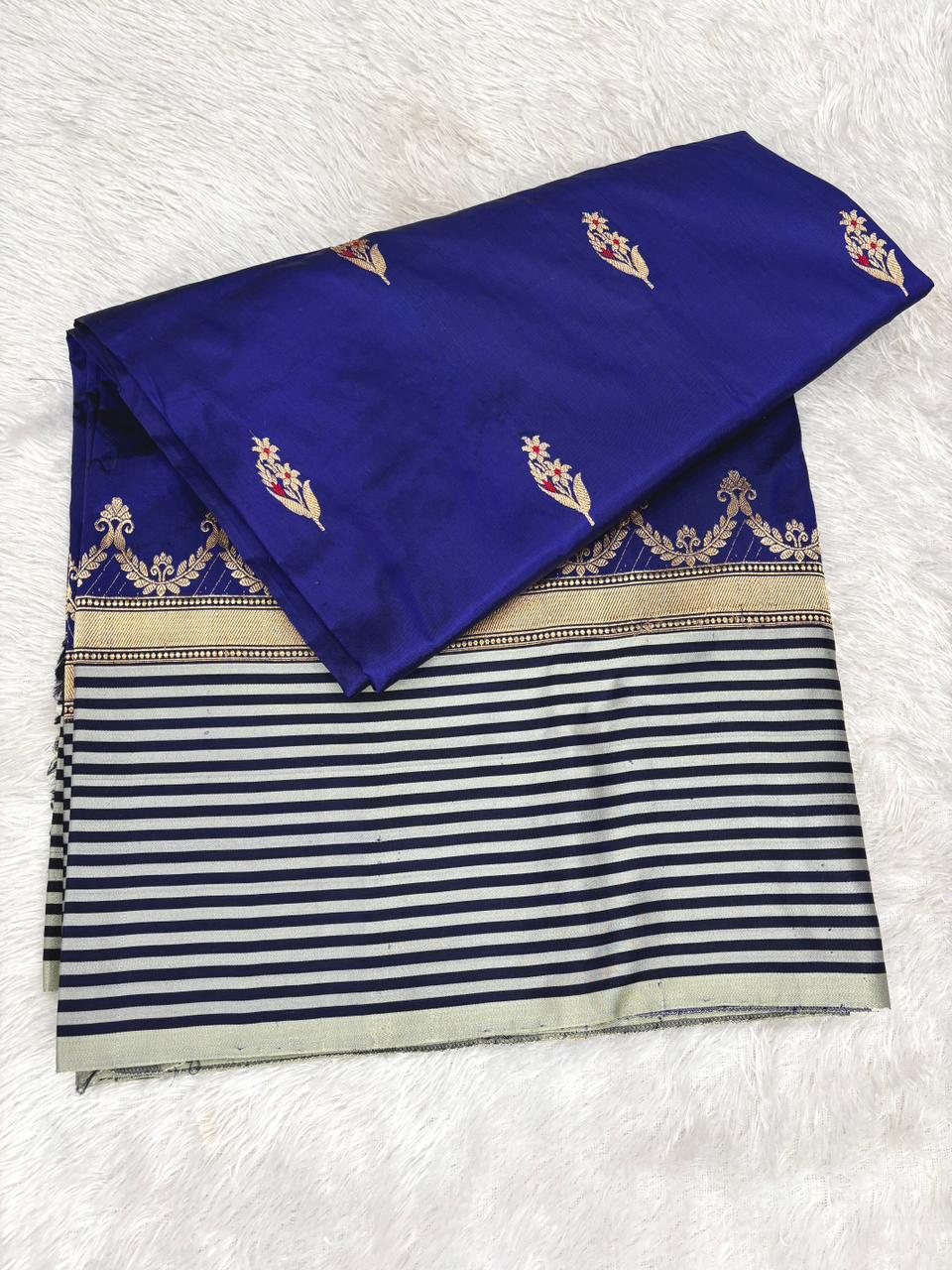 Royal Indigo Katan Boota Kadhua Designer Saree  Color  Deep Royal Blue with Charcoal Black & Ivory Striped Border and Antique Gold Zari