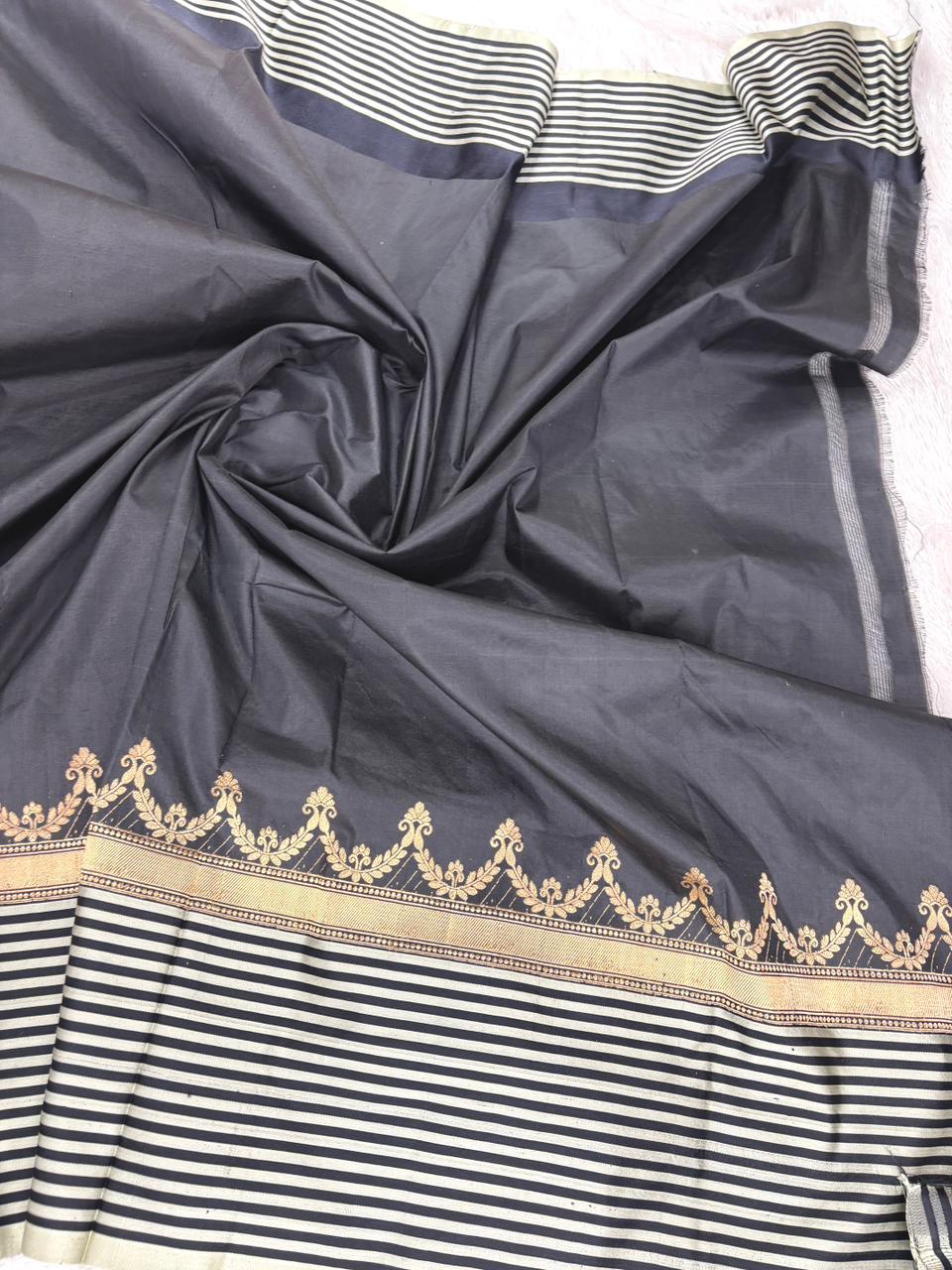 Royal Indigo Katan Boota Kadhua Designer Saree  Color  Deep Royal Blue with Charcoal Black & Ivory Striped Border and Antique Gold Zari