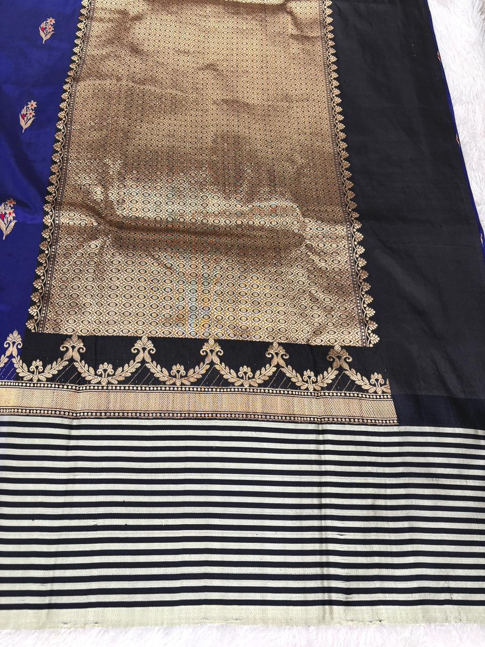Royal Indigo Katan Boota Kadhua Designer Saree  Color  Deep Royal Blue with Charcoal Black & Ivory Striped Border and Antique Gold Zari