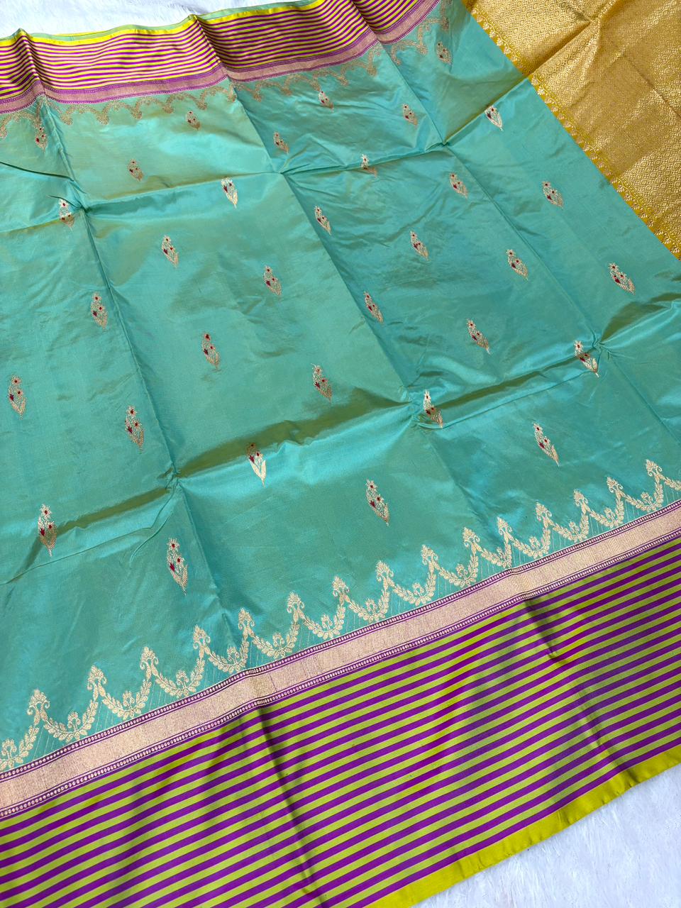 Seafoam Aura Katan Boota Kadhua Designer Saree  Color  Soft Sea Green & Mustard Yellow with Magenta Accents and Antique Gold Zari