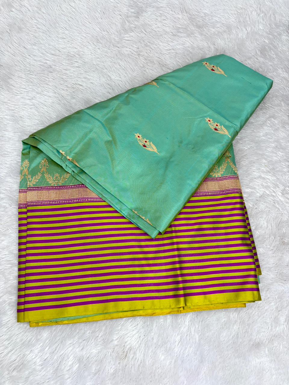 Seafoam Aura Katan Boota Kadhua Designer Saree  Color  Soft Sea Green & Mustard Yellow with Magenta Accents and Antique Gold Zari