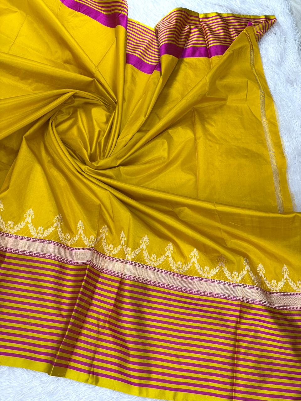 Seafoam Aura Katan Boota Kadhua Designer Saree  Color  Soft Sea Green & Mustard Yellow with Magenta Accents and Antique Gold Zari