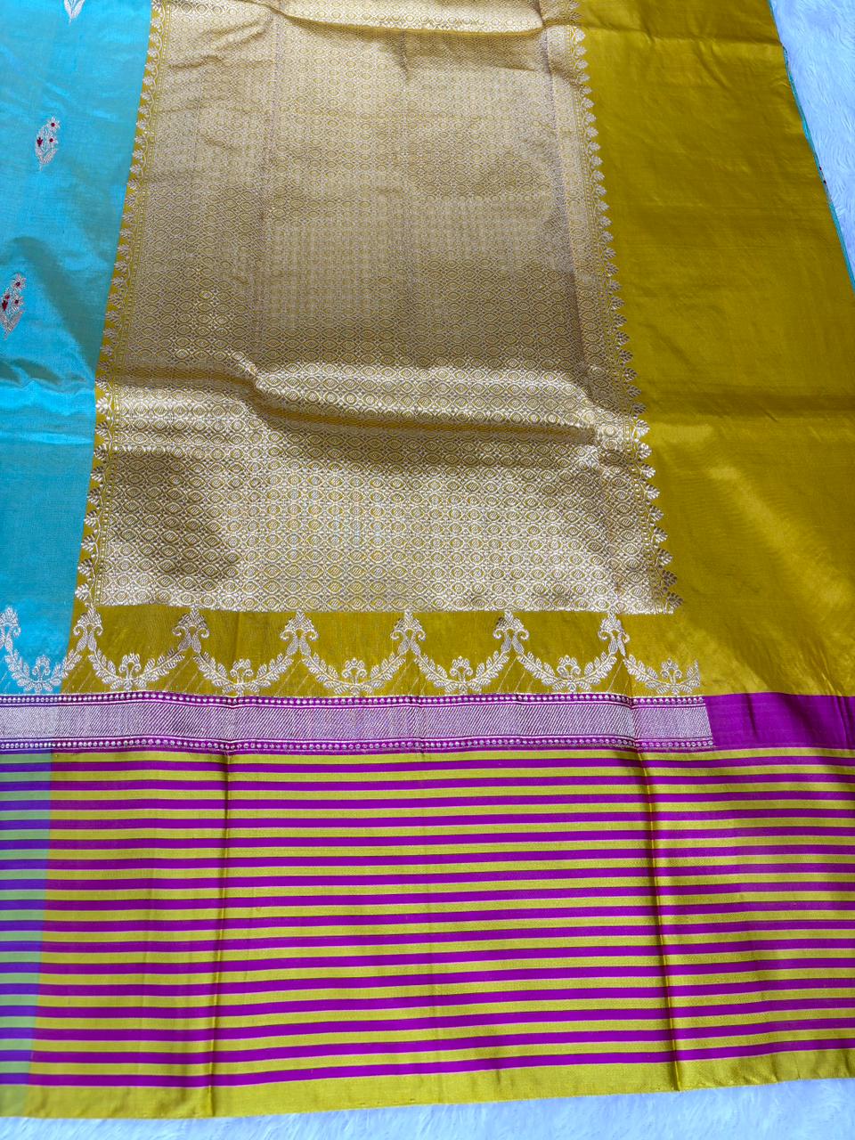 Seafoam Aura Katan Boota Kadhua Designer Saree  Color  Soft Sea Green & Mustard Yellow with Magenta Accents and Antique Gold Zari