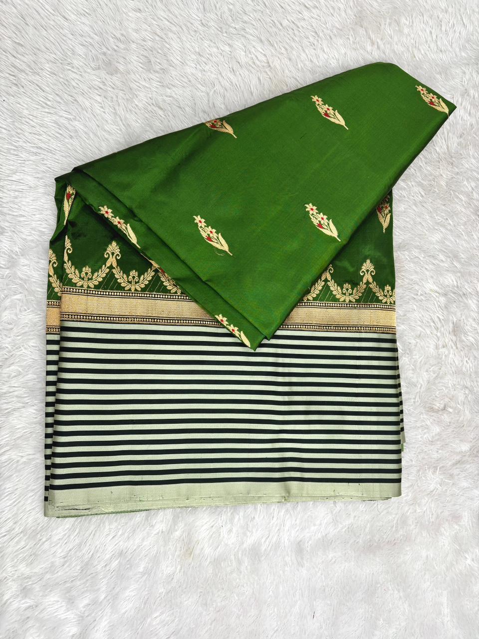 Emerald Noir Katan Boota Kadhua Designer Saree   Deep Forest Green & Classic Black with Antique Gold Zari