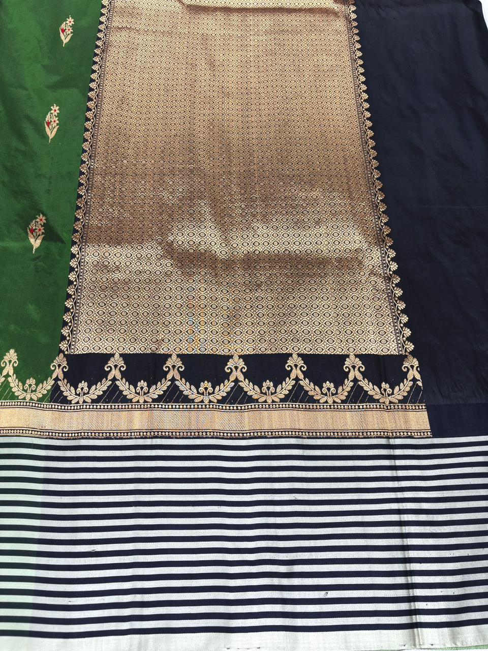 Emerald Noir Katan Boota Kadhua Designer Saree   Deep Forest Green & Classic Black with Antique Gold Zari