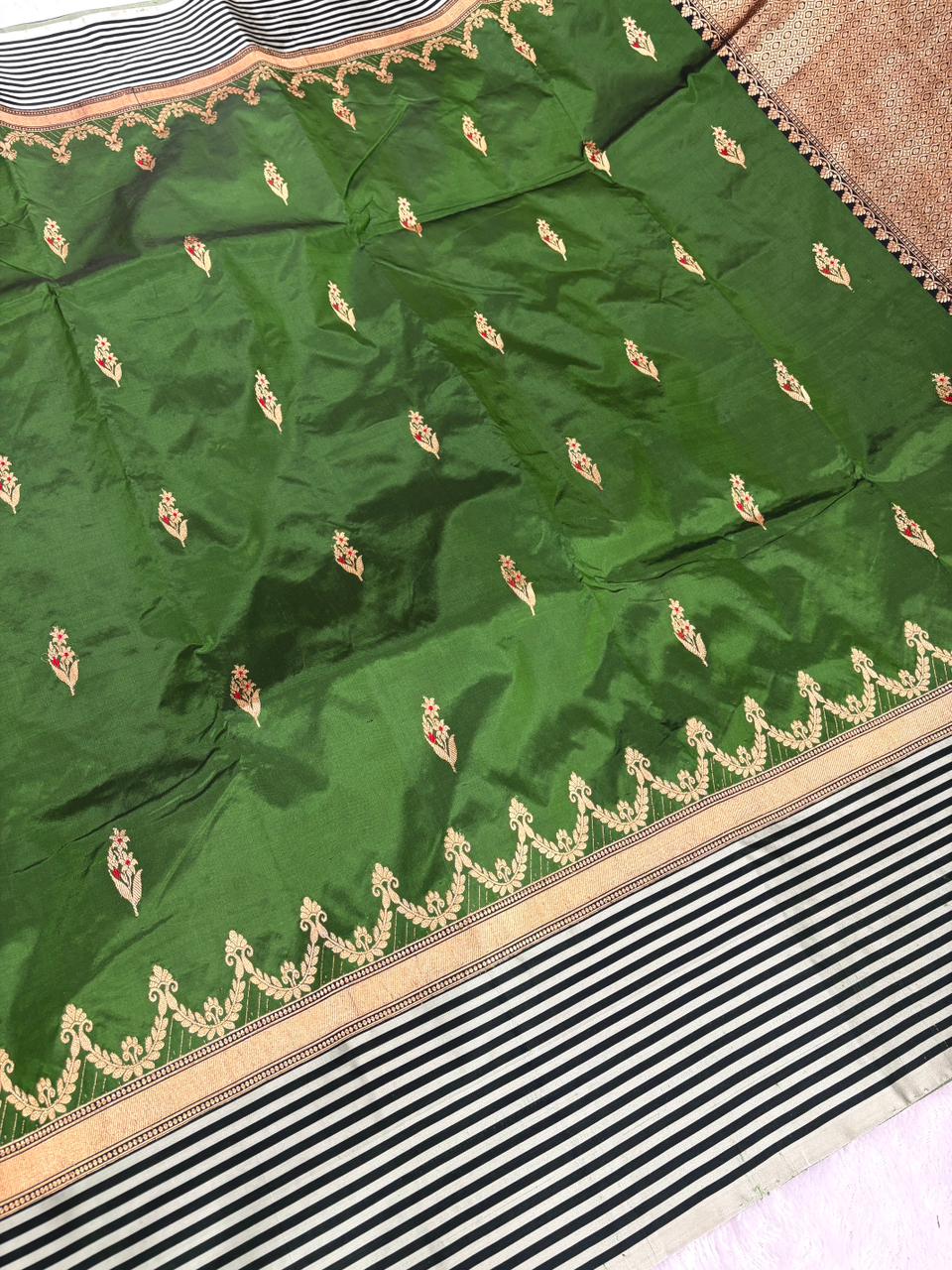 Emerald Noir Katan Boota Kadhua Designer Saree   Deep Forest Green & Classic Black with Antique Gold Zari