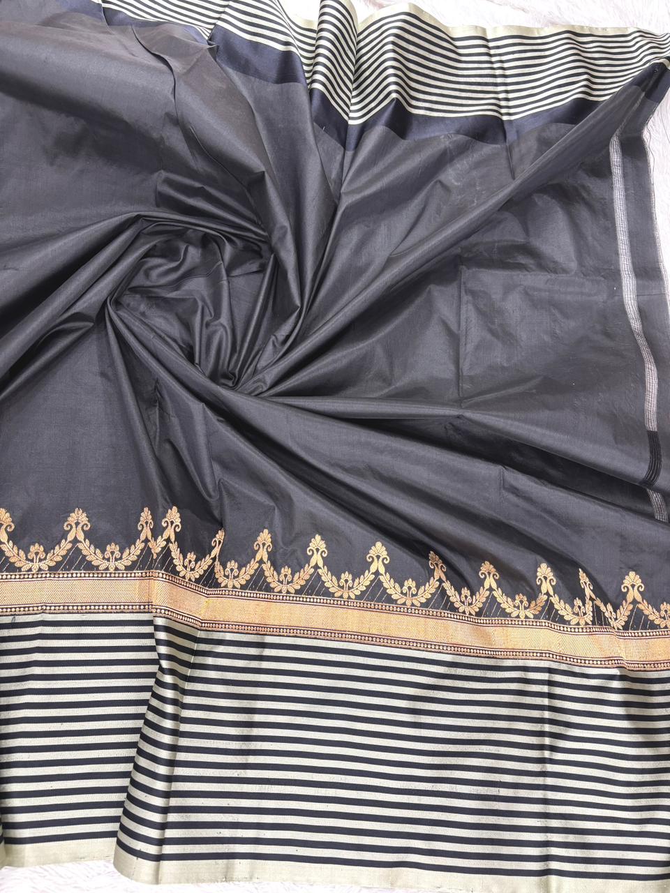 Emerald Noir Katan Boota Kadhua Designer Saree   Deep Forest Green & Classic Black with Antique Gold Zari