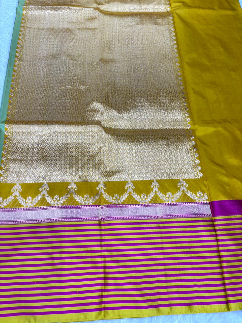 Vasanti Harit Katan Boota Kadhua Designer Handloom Saree   Pistachio Green with Mustard Yellow & Magenta Accents and Antique Gold Zari