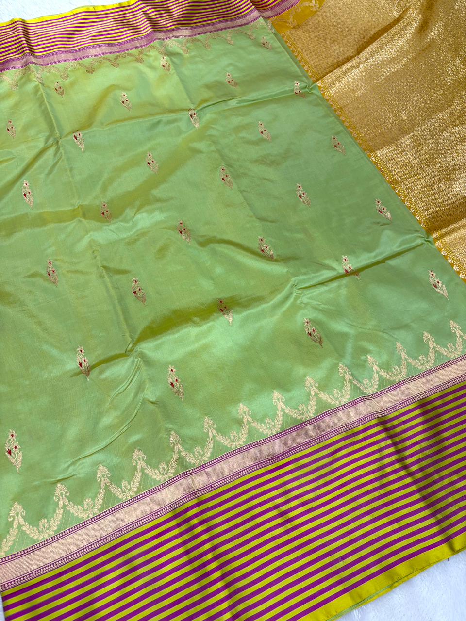 Vasanti Harit Katan Boota Kadhua Designer Handloom Saree   Pistachio Green with Mustard Yellow & Magenta Accents and Antique Gold Zari