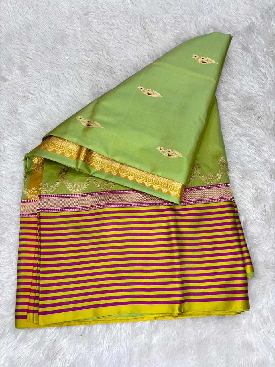 Vasanti Harit Katan Boota Kadhua Designer Handloom Saree   Pistachio Green with Mustard Yellow & Magenta Accents and Antique Gold Zari