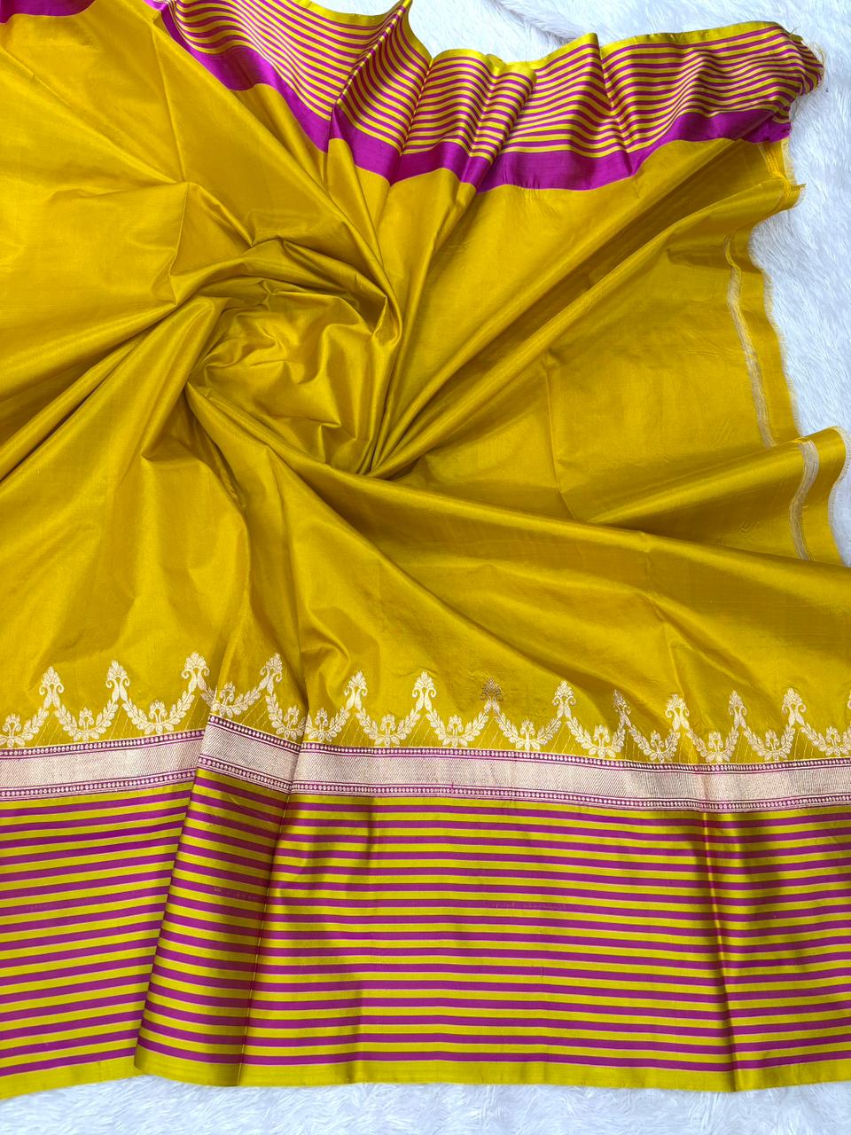 Vasanti Harit Katan Boota Kadhua Designer Handloom Saree   Pistachio Green with Mustard Yellow & Magenta Accents and Antique Gold Zari