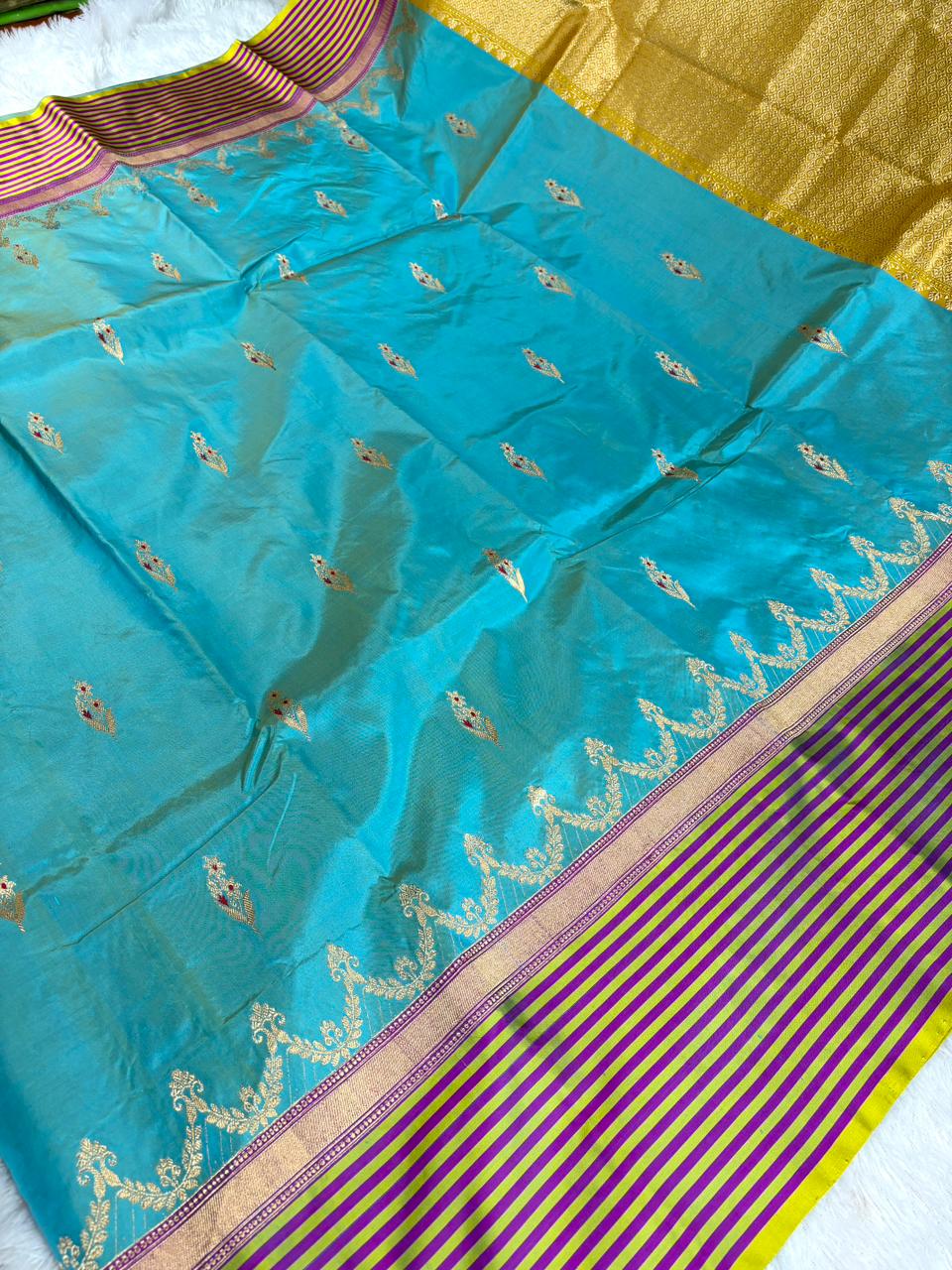 Harit Pushpa Katan Boota Kadhua Designer Handloom Saree   Turquoise Blue with Mustard Yellow & Magenta Accents and Antique Gold Zari