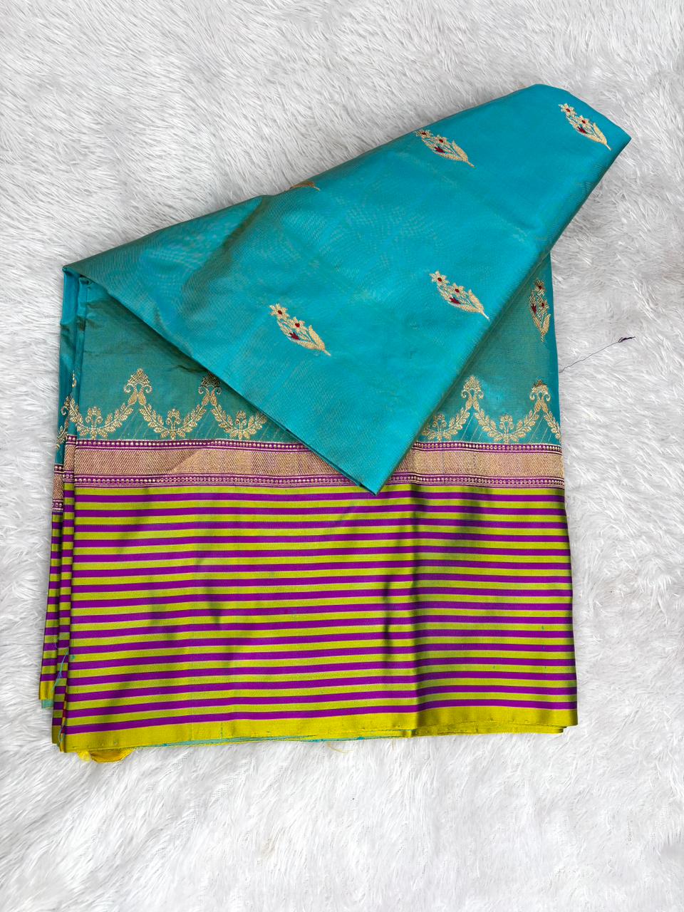 Harit Pushpa Katan Boota Kadhua Designer Handloom Saree   Turquoise Blue with Mustard Yellow & Magenta Accents and Antique Gold Zari