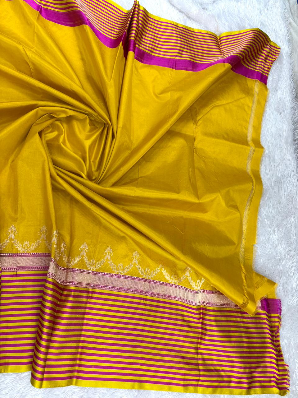 Harit Pushpa Katan Boota Kadhua Designer Handloom Saree   Turquoise Blue with Mustard Yellow & Magenta Accents and Antique Gold Zari