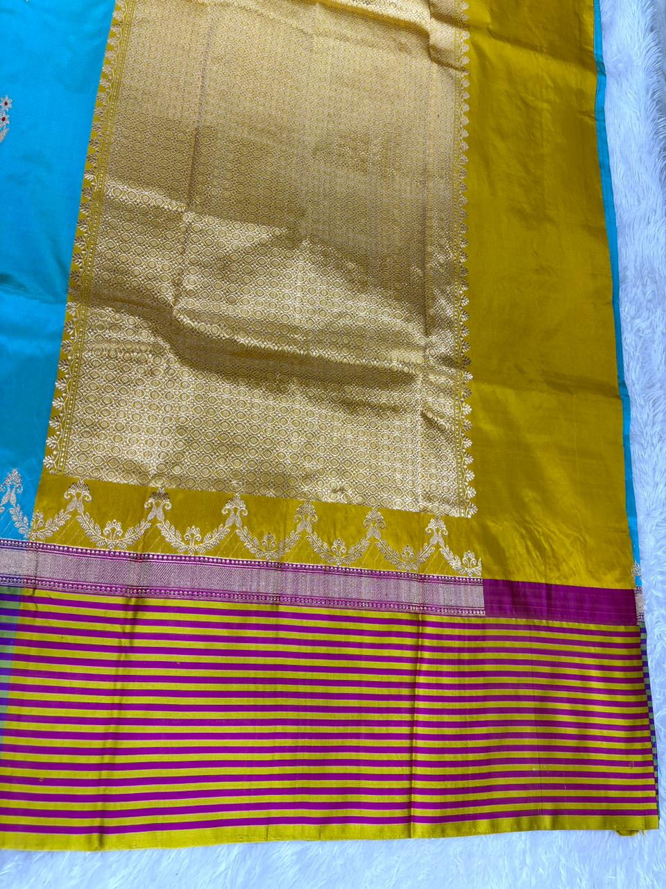 Harit Pushpa Katan Boota Kadhua Designer Handloom Saree   Turquoise Blue with Mustard Yellow & Magenta Accents and Antique Gold Zari