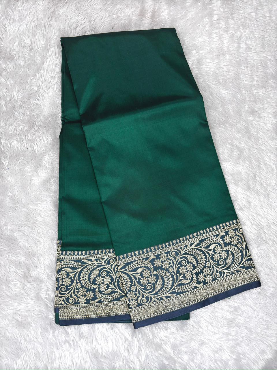 Royal Emerald Green Pure Katan Silk Boota Kadhua Banarasi Saree with Elegant Slate Grey Zari Border