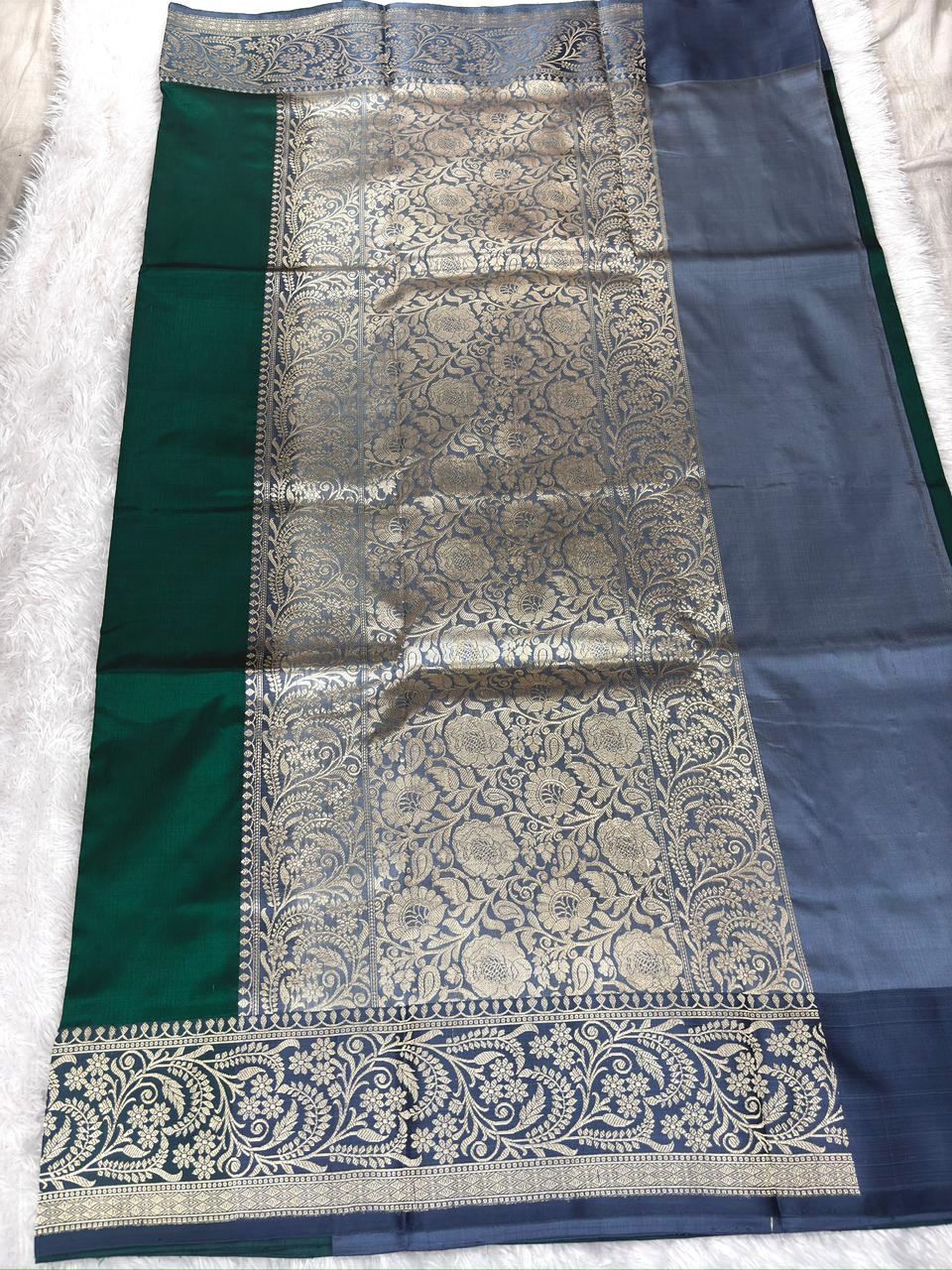 Royal Emerald Green Pure Katan Silk Boota Kadhua Banarasi Saree with Elegant Slate Grey Zari Border