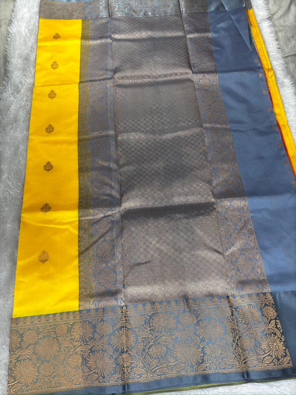 Radiant Sunshine Yellow Pure Katan Silk Boota Kadhua Banarasi Saree with Elegant Steel Grey Zari Border