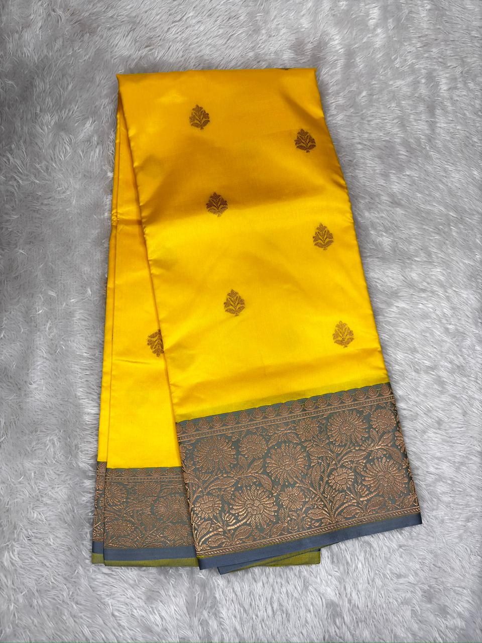 Radiant Sunshine Yellow Pure Katan Silk Boota Kadhua Banarasi Saree with Elegant Steel Grey Zari Border
