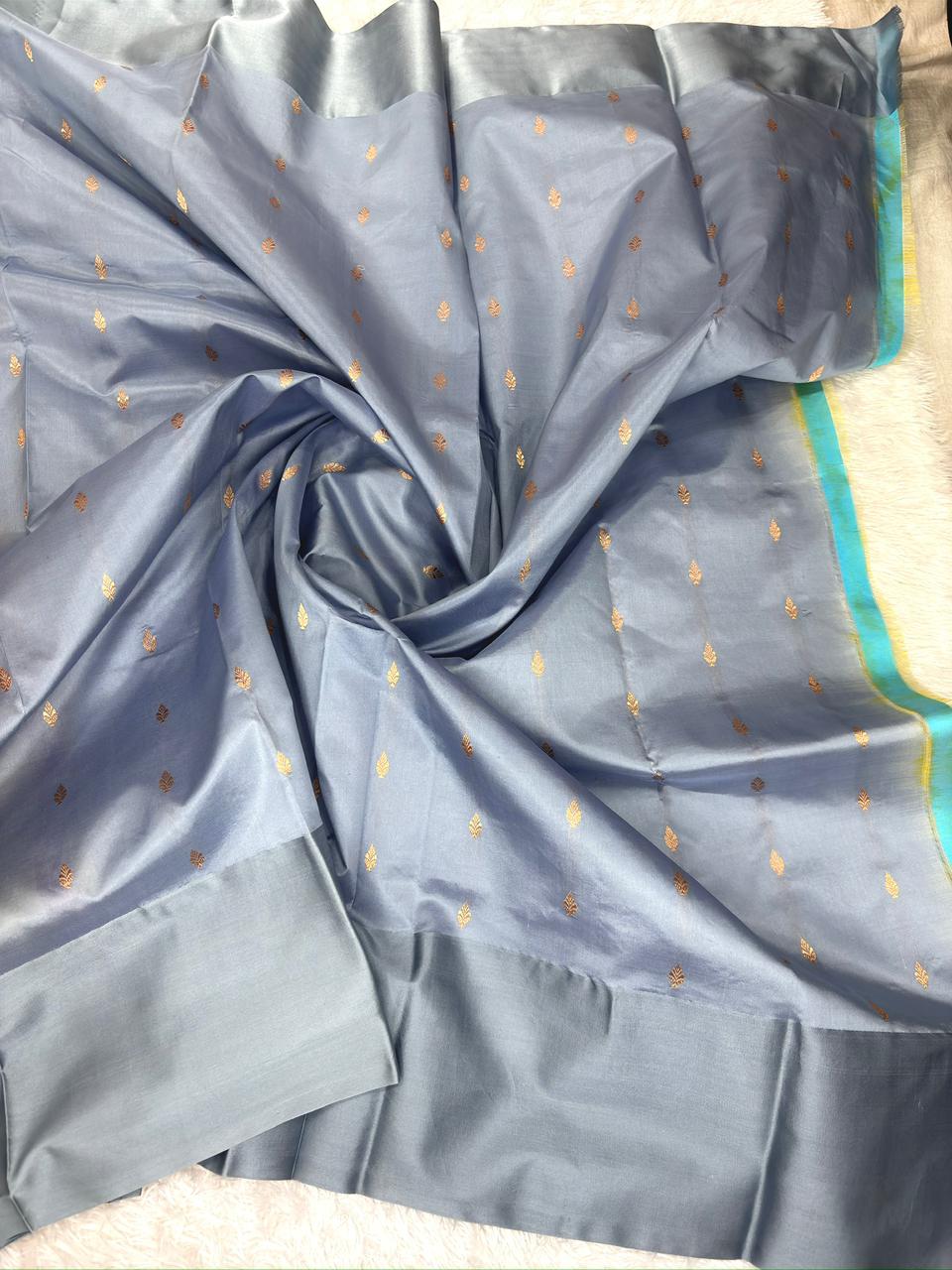 Radiant Sunshine Yellow Pure Katan Silk Boota Kadhua Banarasi Saree with Elegant Steel Grey Zari Border