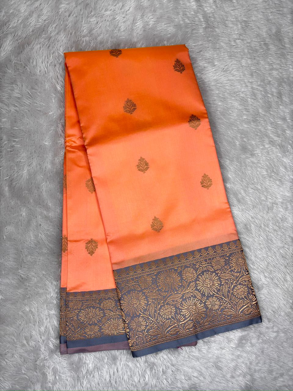 Graceful Peach Orange Pure Katan Silk Boota Kadhua Banarasi Saree with Contrast Steel Grey Zari Border